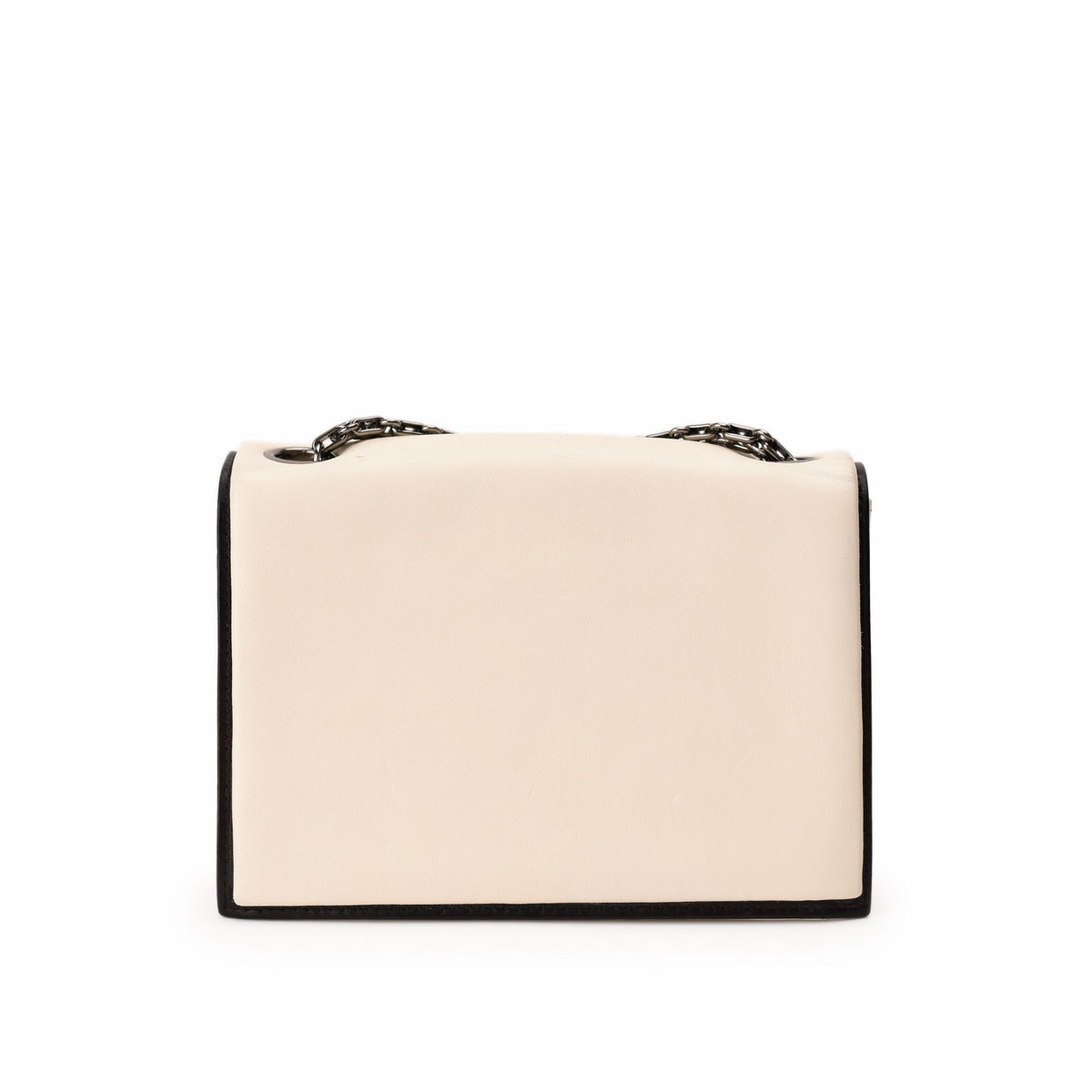 Cream leather flap handbag with black trim and chain strap. curated Pre-loved Luxury by Myluxe in Helsinki.