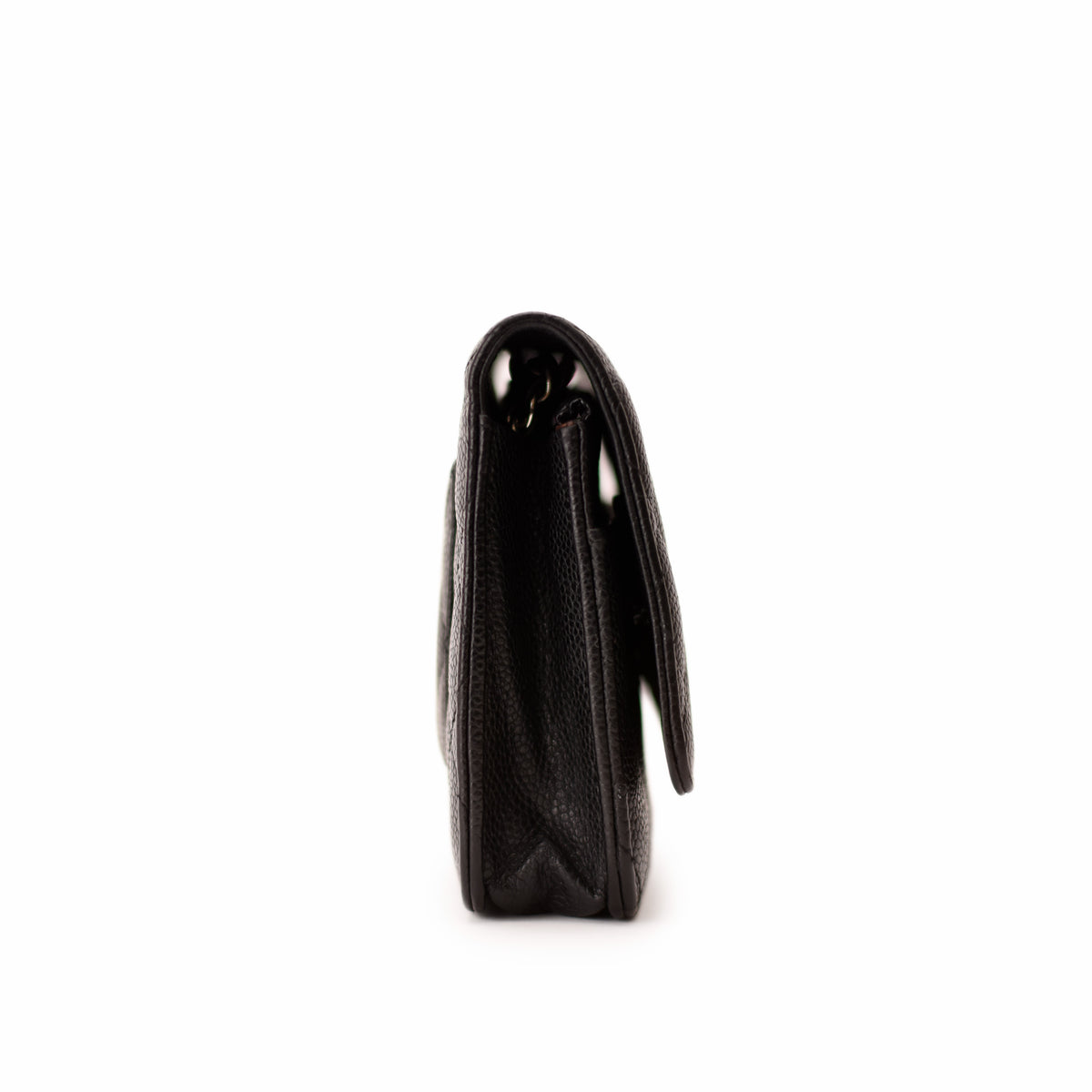 Black pebbled leather flap handbag side view. curated Pre-loved Luxury by Myluxe in Helsinki.
