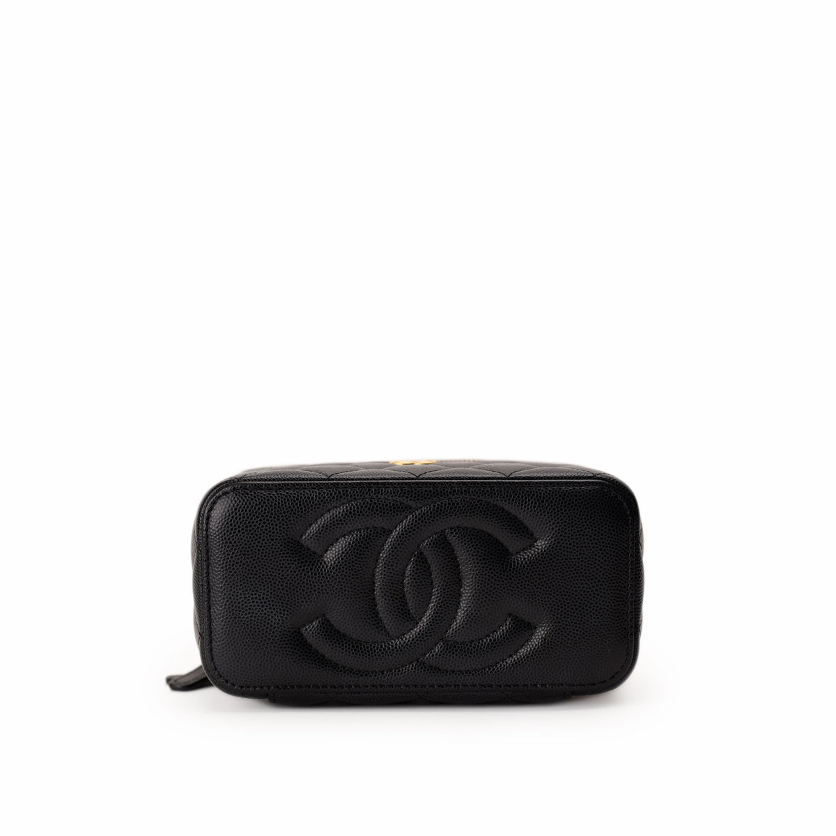 Black quilted leather Chanel vanity case with embossed CC logo, curated Pre-loved Luxury by Myluxe in Helsinki.