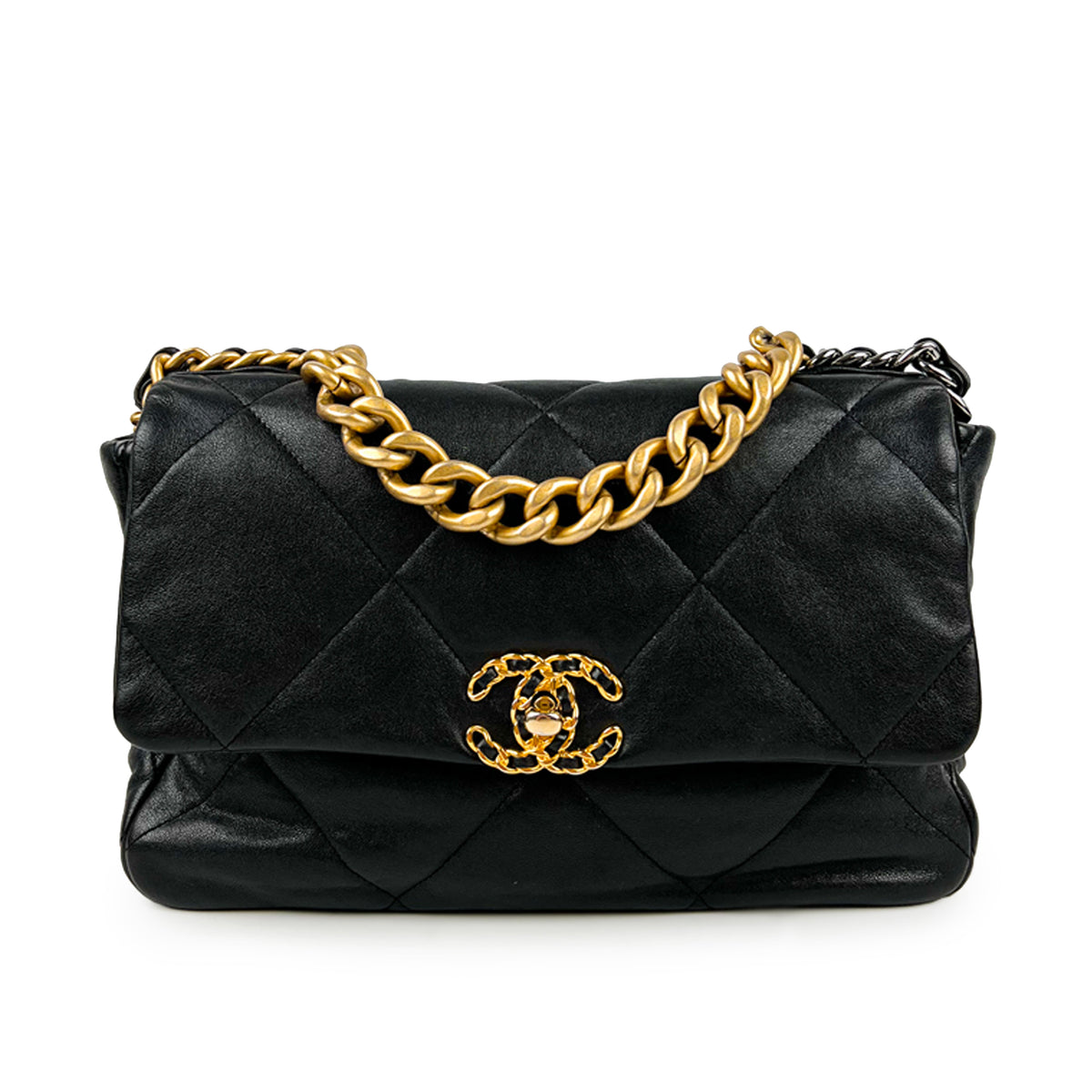 Black quilted lambskin Chanel handbag with gold-tone chain strap, curated Pre-loved Luxury by Myluxe in Helsinki.
