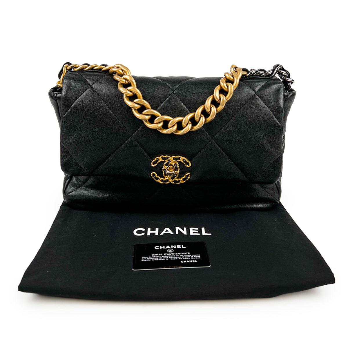 Black quilted leather Chanel handbag with gold chain strap, curated Pre-loved Luxury by Myluxe in Helsinki.