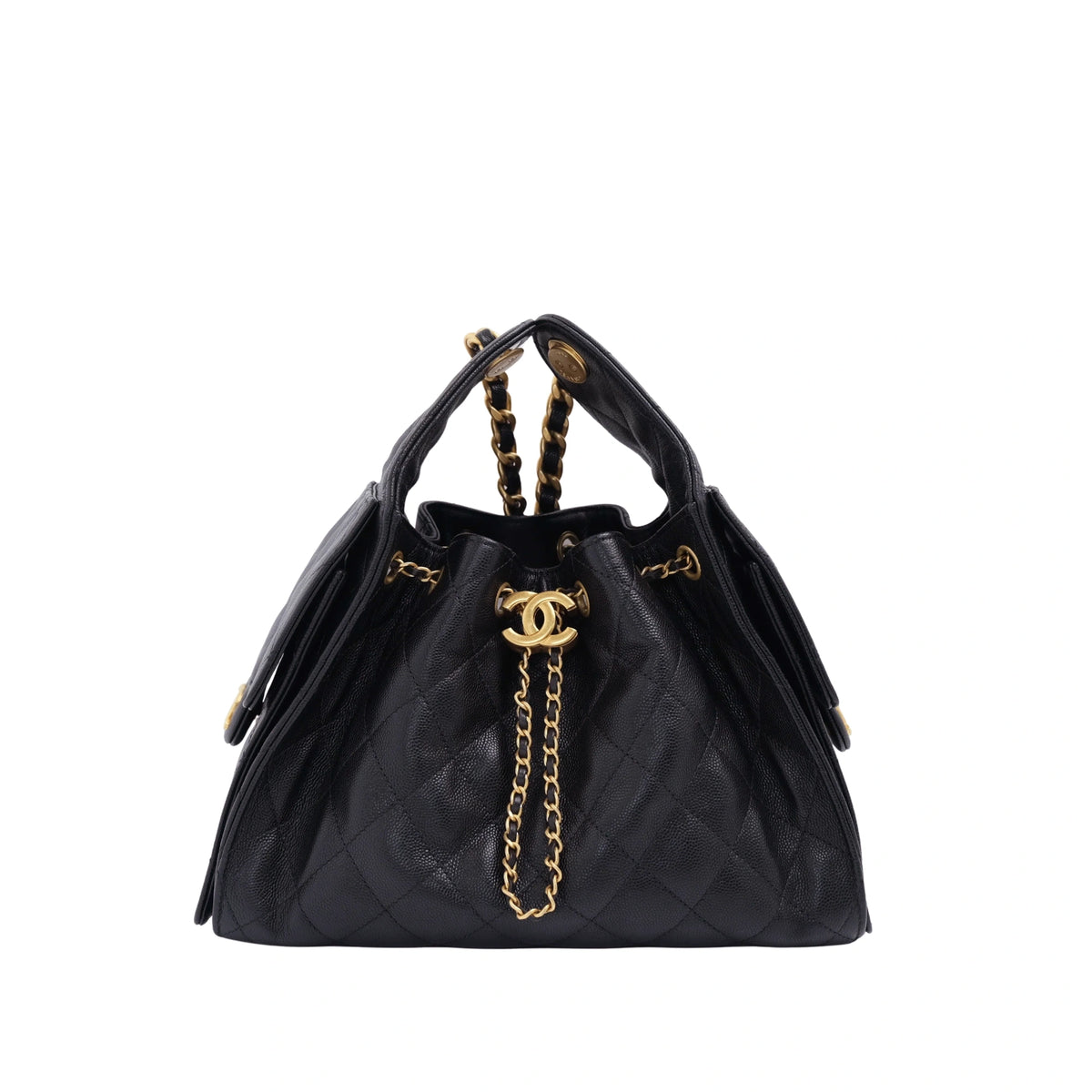 Black quilted leather Chanel handbag with gold-tone chain detail. curated Pre-loved Luxury by Myluxe in Helsinki.