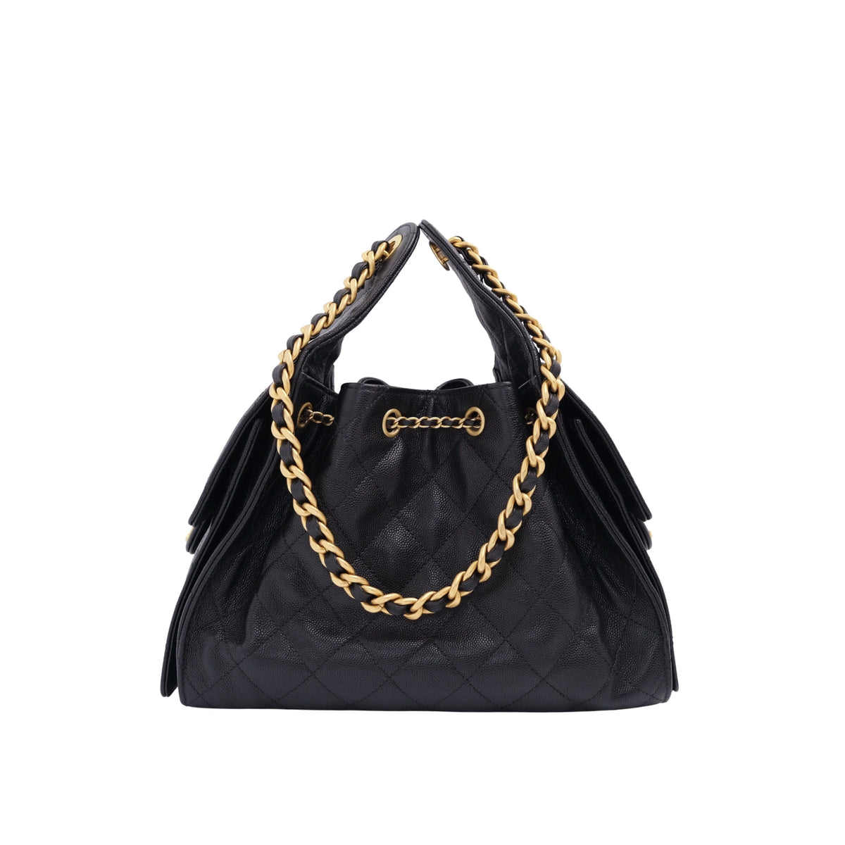 Black quilted leather Chanel handbag with gold chain strap. curated Pre-loved Luxury by Myluxe in Helsinki.