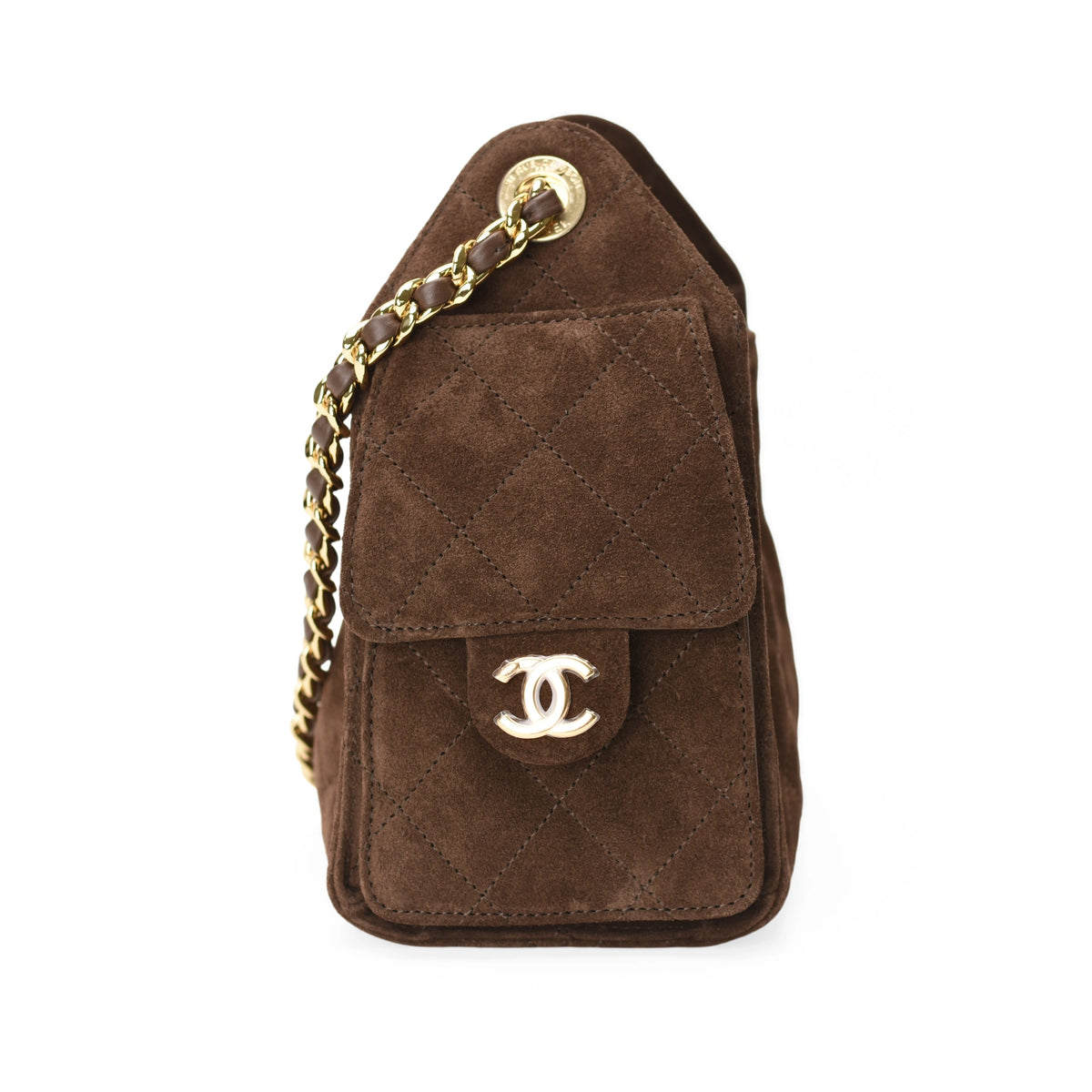 Chanel 25 Mini Bag in brown quilted suede with gold hardware, curated Pre-loved Luxury by Myluxe in Helsinki.