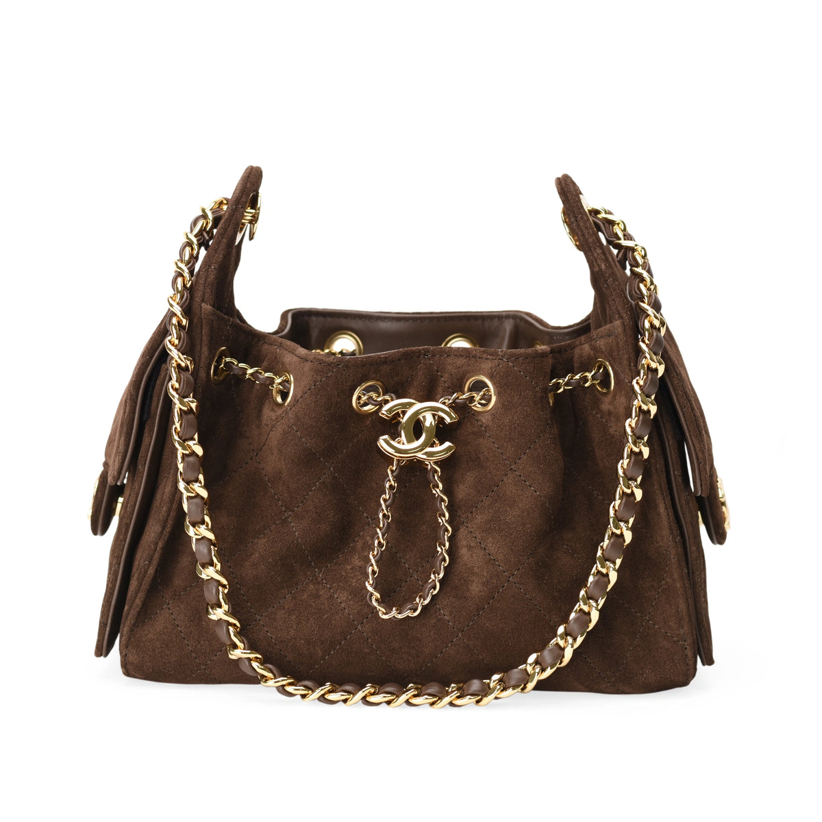 Chanel 25 Mini Bag in brown quilted suede with gold hardware. curated Pre-loved Luxury by Myluxe in Helsinki.