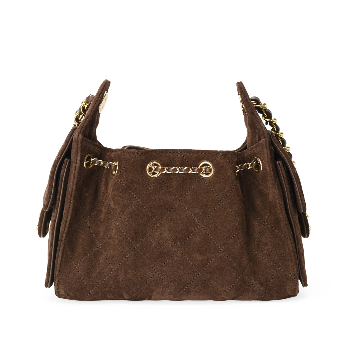 Brown suede Chanel 25 mini bag with gold hardware and quilted design. curated Pre-loved Luxury by Myluxe in Helsinki.