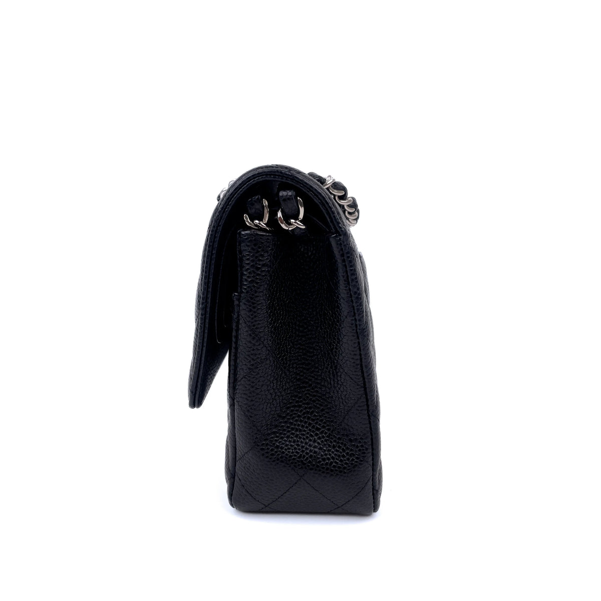 Black grained leather quilted handbag with silver-tone chain strap, curated Pre-loved Luxury by Myluxe in Helsinki.