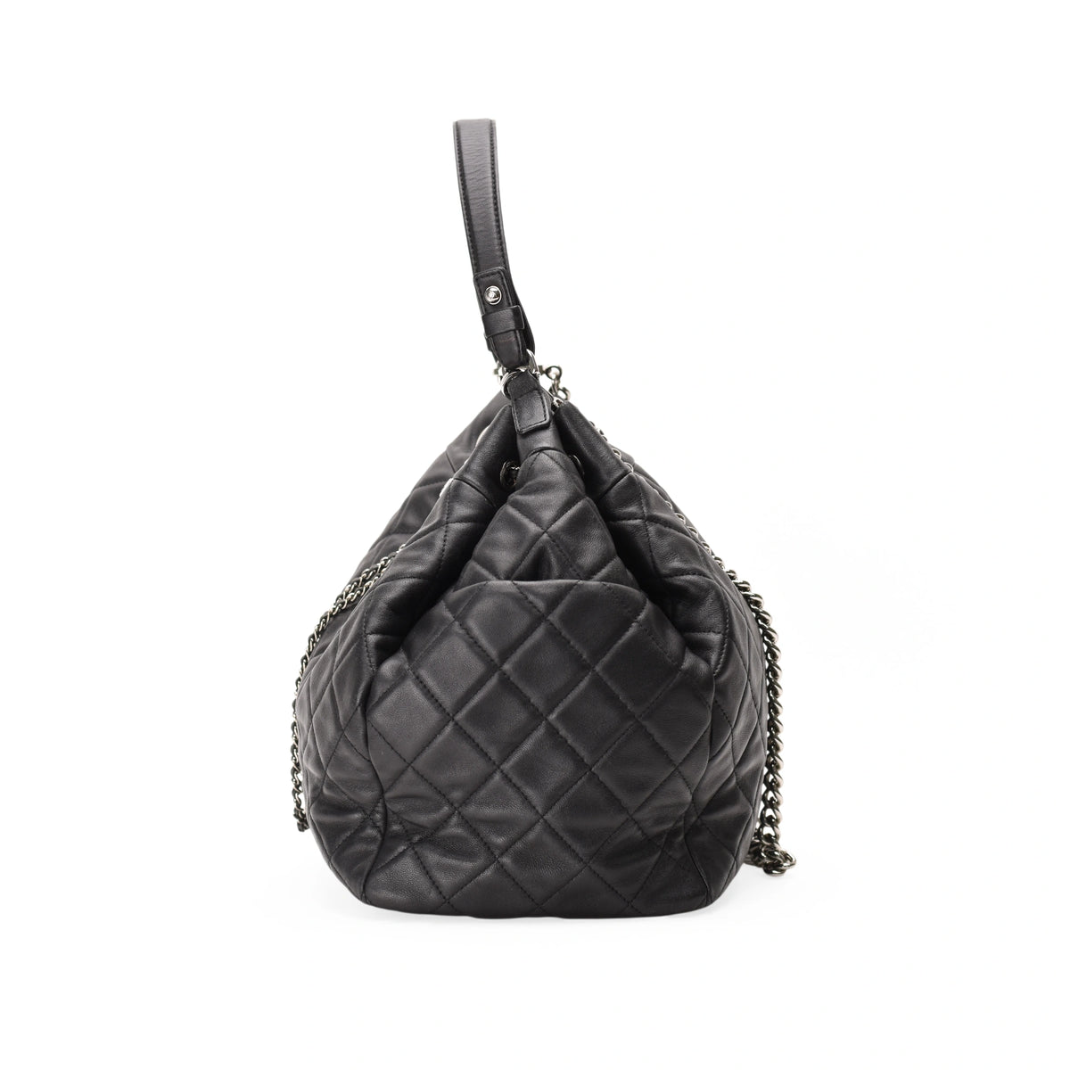 Chanel Black Quilted Leather Drawstring Chain Medium Bucket Bag SHW