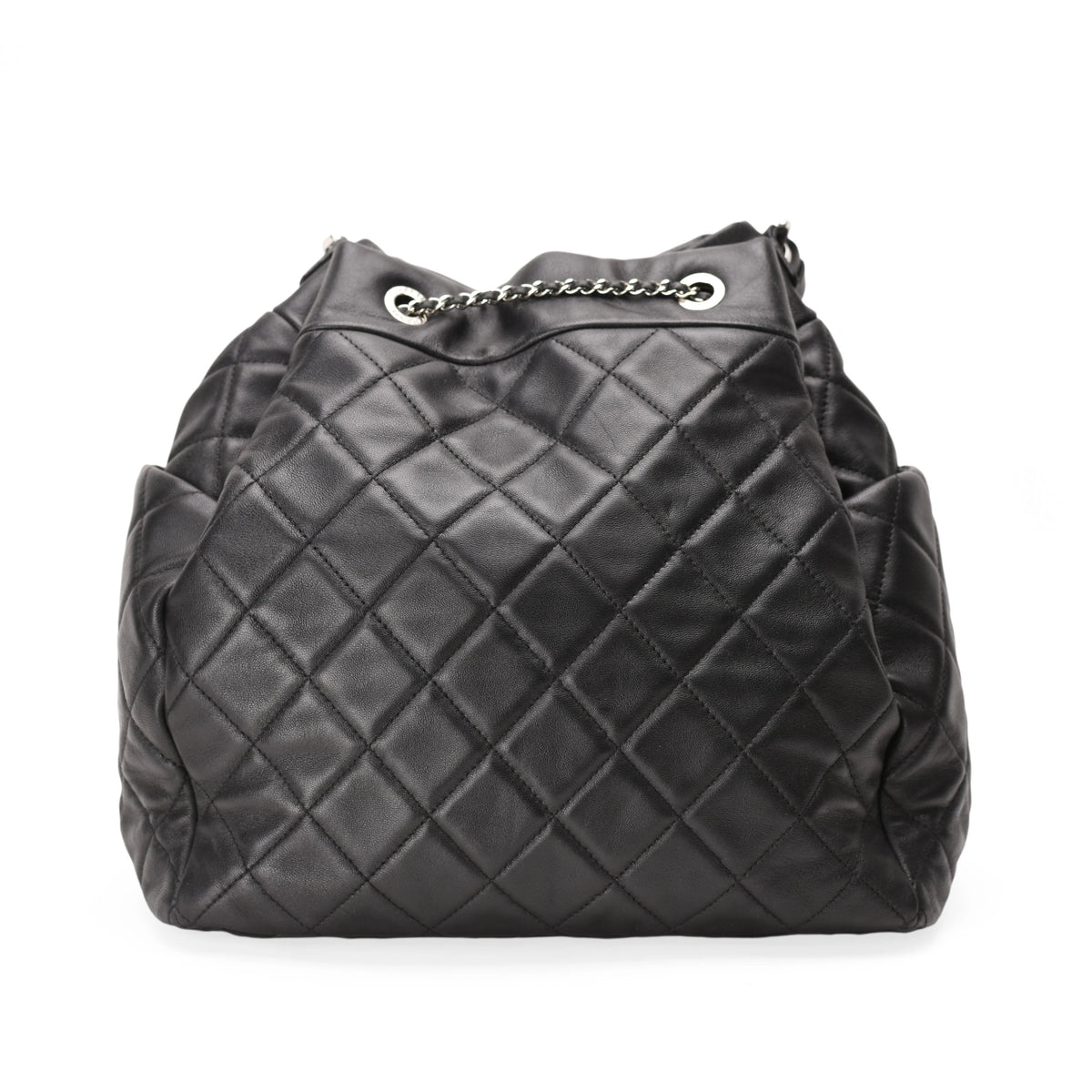 Chanel Black Quilted Leather Drawstring Chain Medium Bucket Bag SHW