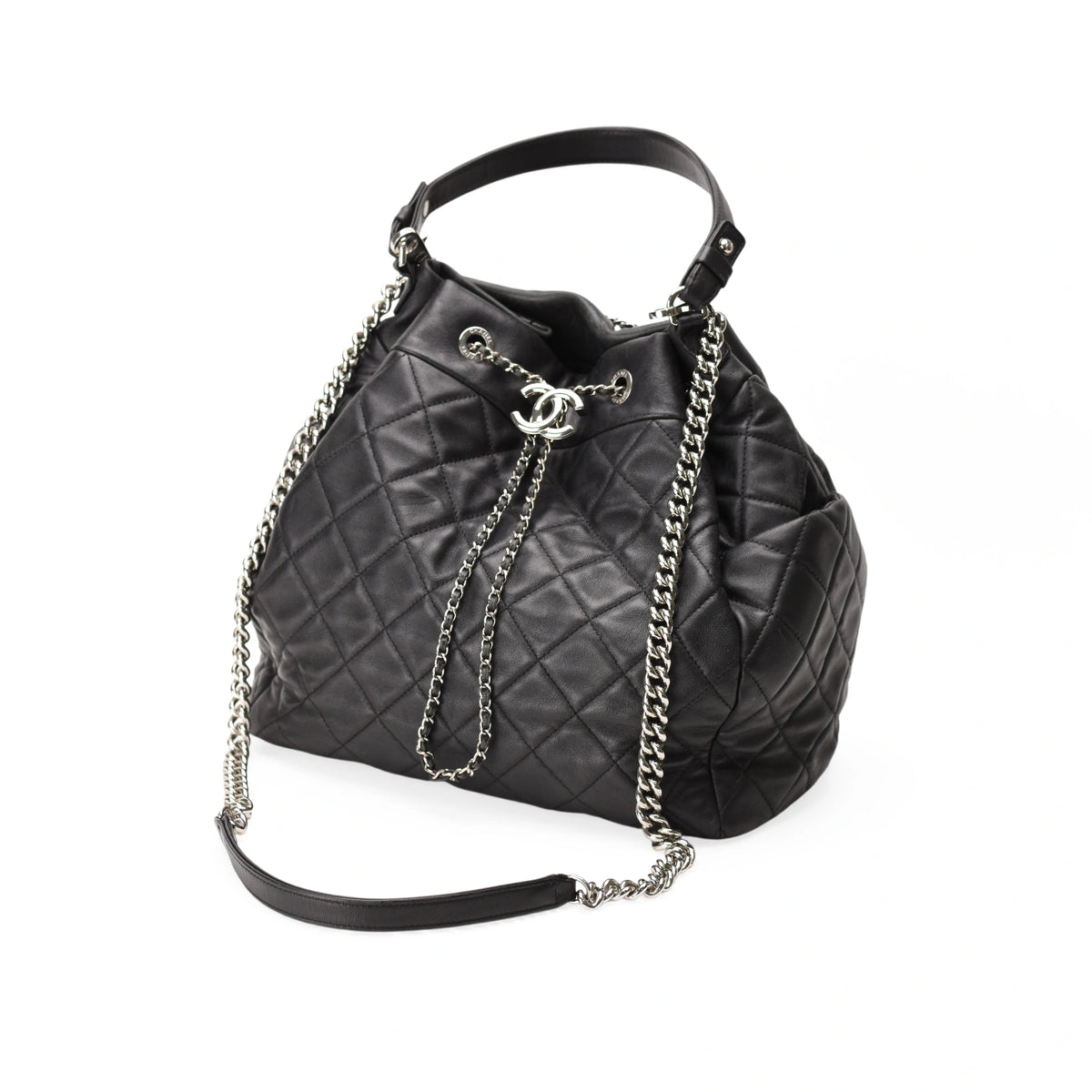 Chanel Black Quilted Leather Drawstring Chain Medium Bucket Bag SHW