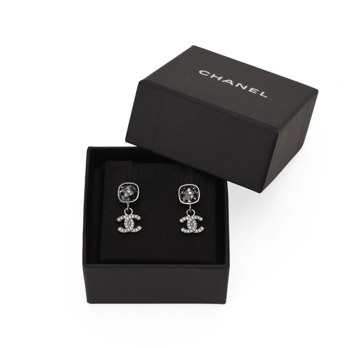 Chanel CC Small Drop Clover Gun Metal Earrings