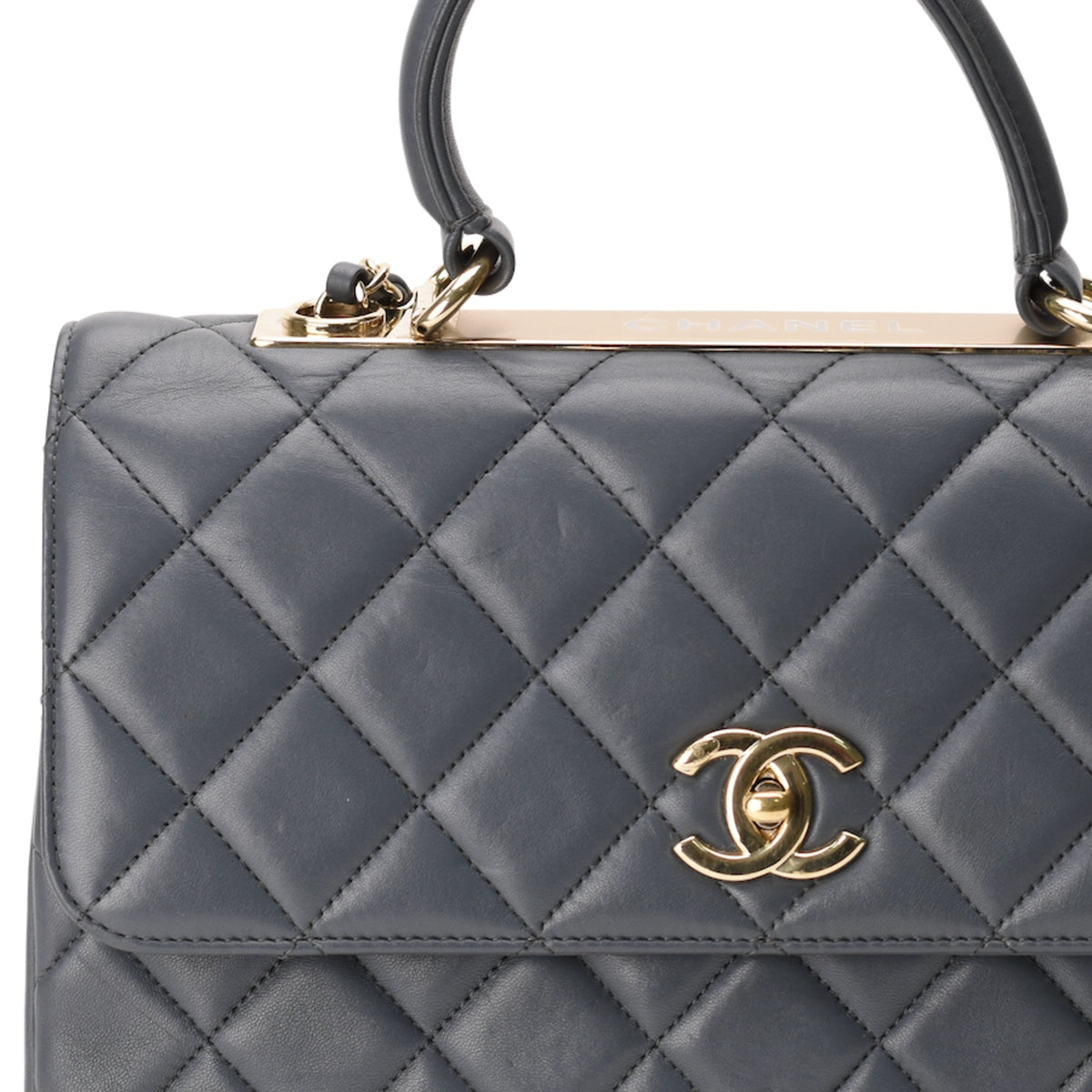 Chanel medium dusty blue quilted leather handbag with gold CC hardware. curated Pre-loved Luxury by Myluxe in Helsinki.