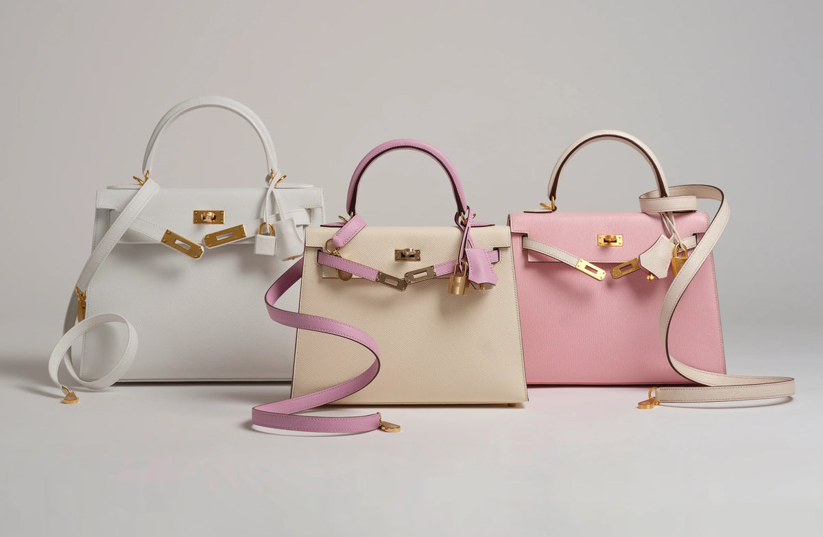 Three luxury leather handbags in white, cream, and pink with gold hardware, curated Pre-loved Luxury by Myluxe in Helsinki.