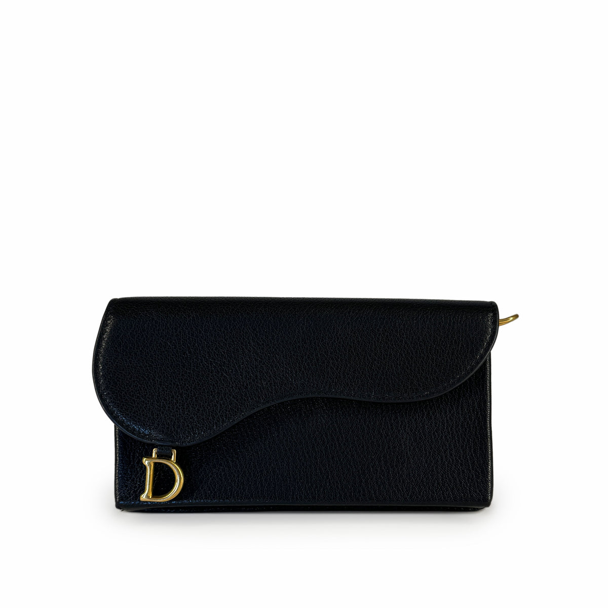 Black grained leather clutch with gold-tone Dior logo, curated Pre-loved Luxury by Myluxe in Helsinki.