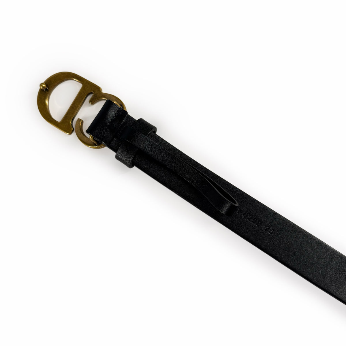 Black leather belt with a gold-toned D-shaped buckle, curated Pre-loved Luxury by Myluxe in Helsinki.