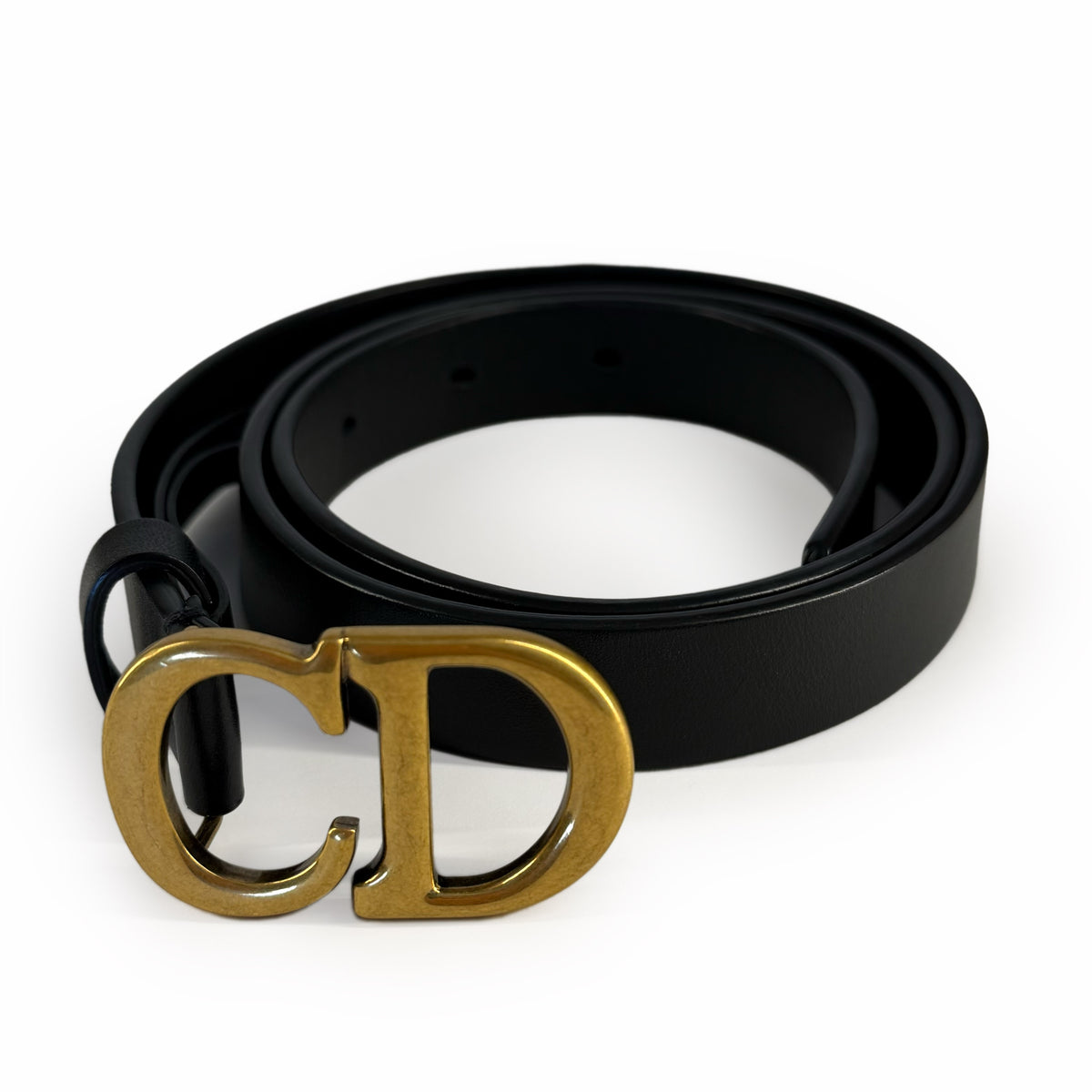 Black leather belt with gold-tone CD buckle, curated Pre-loved Luxury by Myluxe in Helsinki.