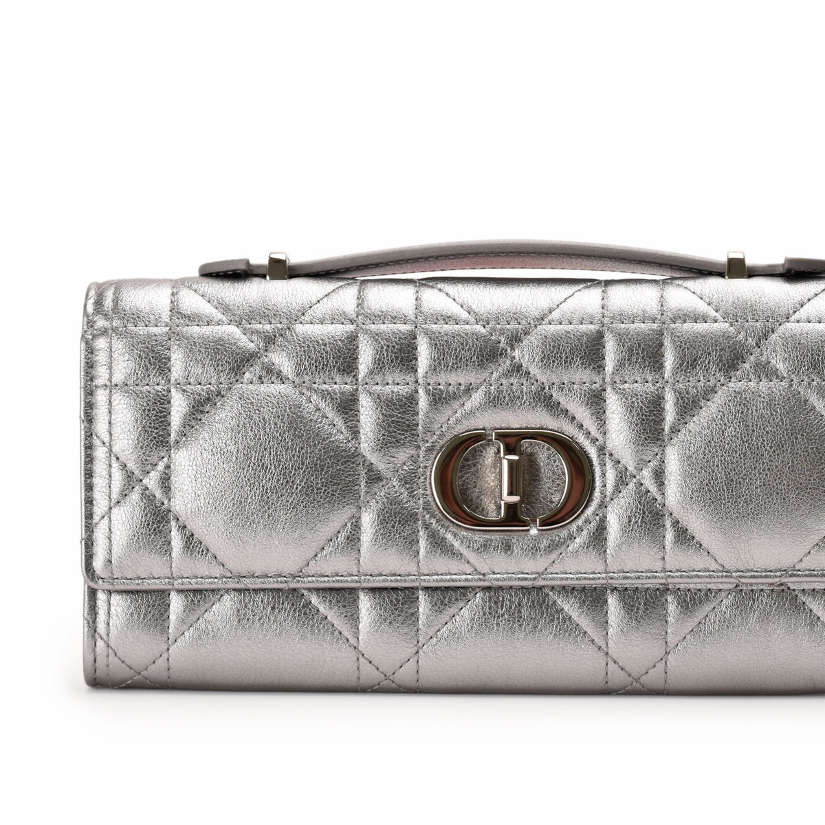 Silver metallic quilted leather Dior clutch with signature CD clasp, curated Pre-loved Luxury by Myluxe in Helsinki.