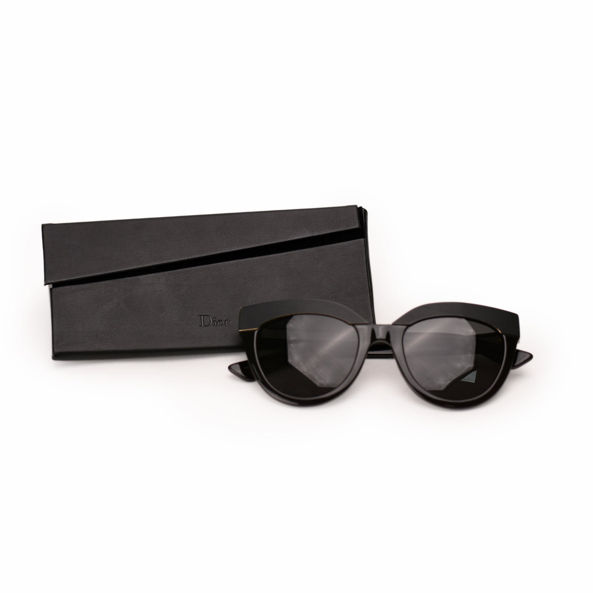 Black Dior cat-eye sunglasses with matching case, curated Pre-loved Luxury by Myluxe in Helsinki.