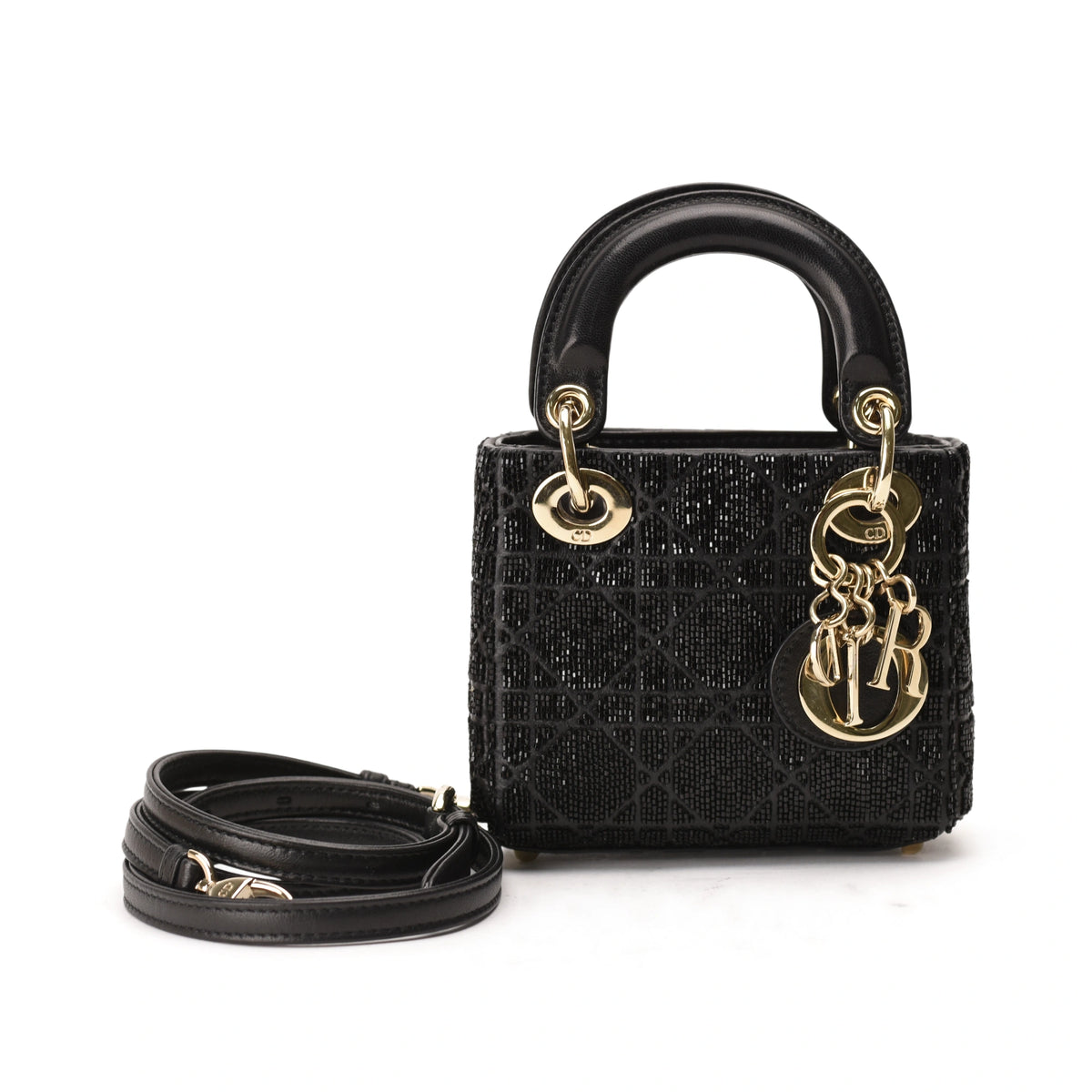 Dior Micro Lady Dior black metallic cannage lambskin bag with bead embroidery. curated Pre-loved Luxury by Myluxe in Helsinki.
