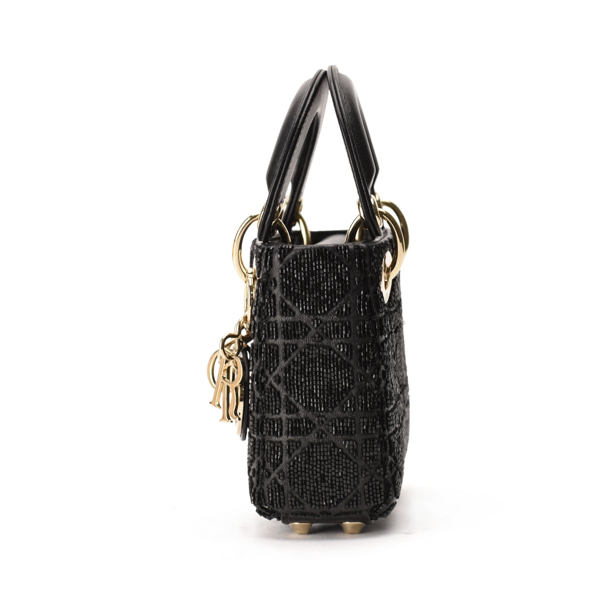 Dior Micro Lady Dior black metallic cannage lambskin bag with bead embroidery. curated Pre-loved Luxury by Myluxe in Helsinki.