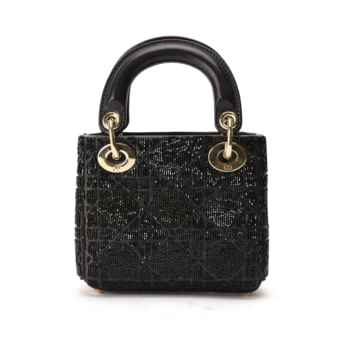 Dior Micro Lady Dior black metallic cannage lambskin bag with bead embroidery. curated Pre-loved Luxury by Myluxe in Helsinki.