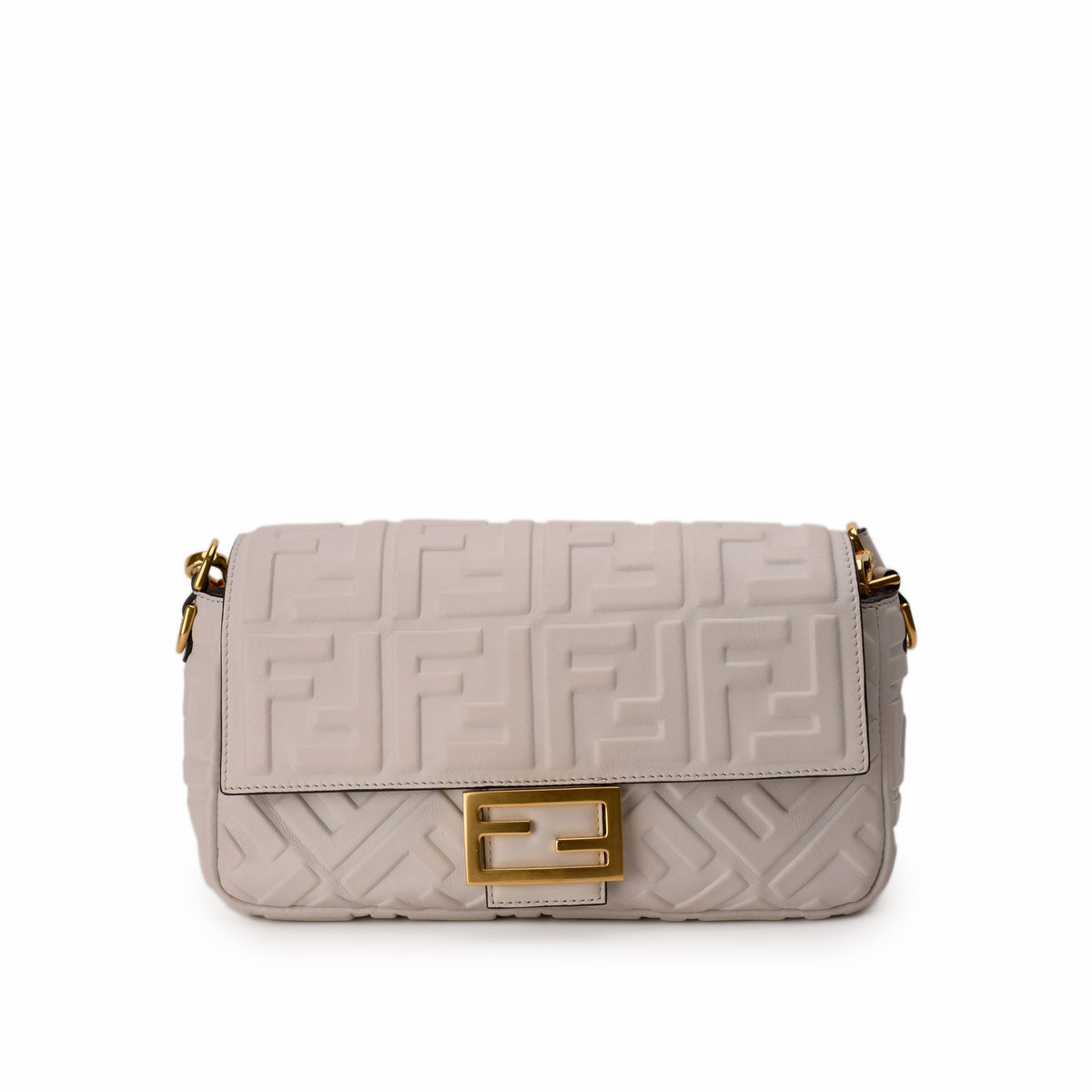 Taupe leather Fendi shoulder bag with embossed FF monogram and gold-tone hardware, curated Pre-loved Luxury by Myluxe in Helsinki.