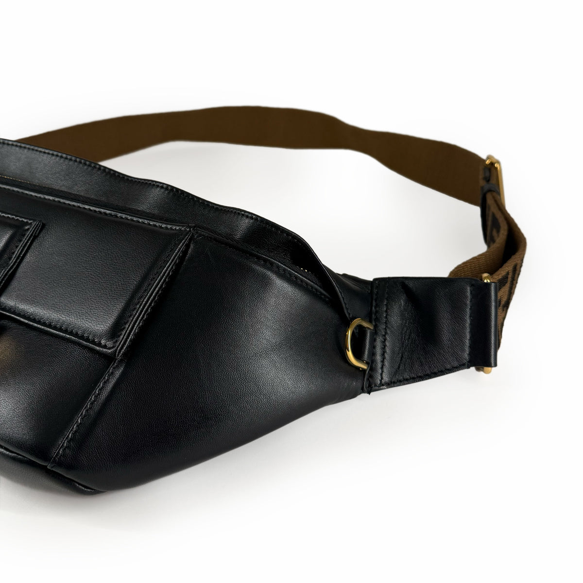 Black leather belt bag with brown canvas strap, curated Pre-loved Luxury by Myluxe in Helsinki.