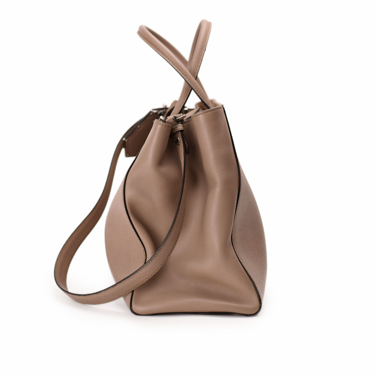 Taupe smooth leather bucket bag with top handles and shoulder strap. curated Pre-loved Luxury by Myluxe in Helsinki.