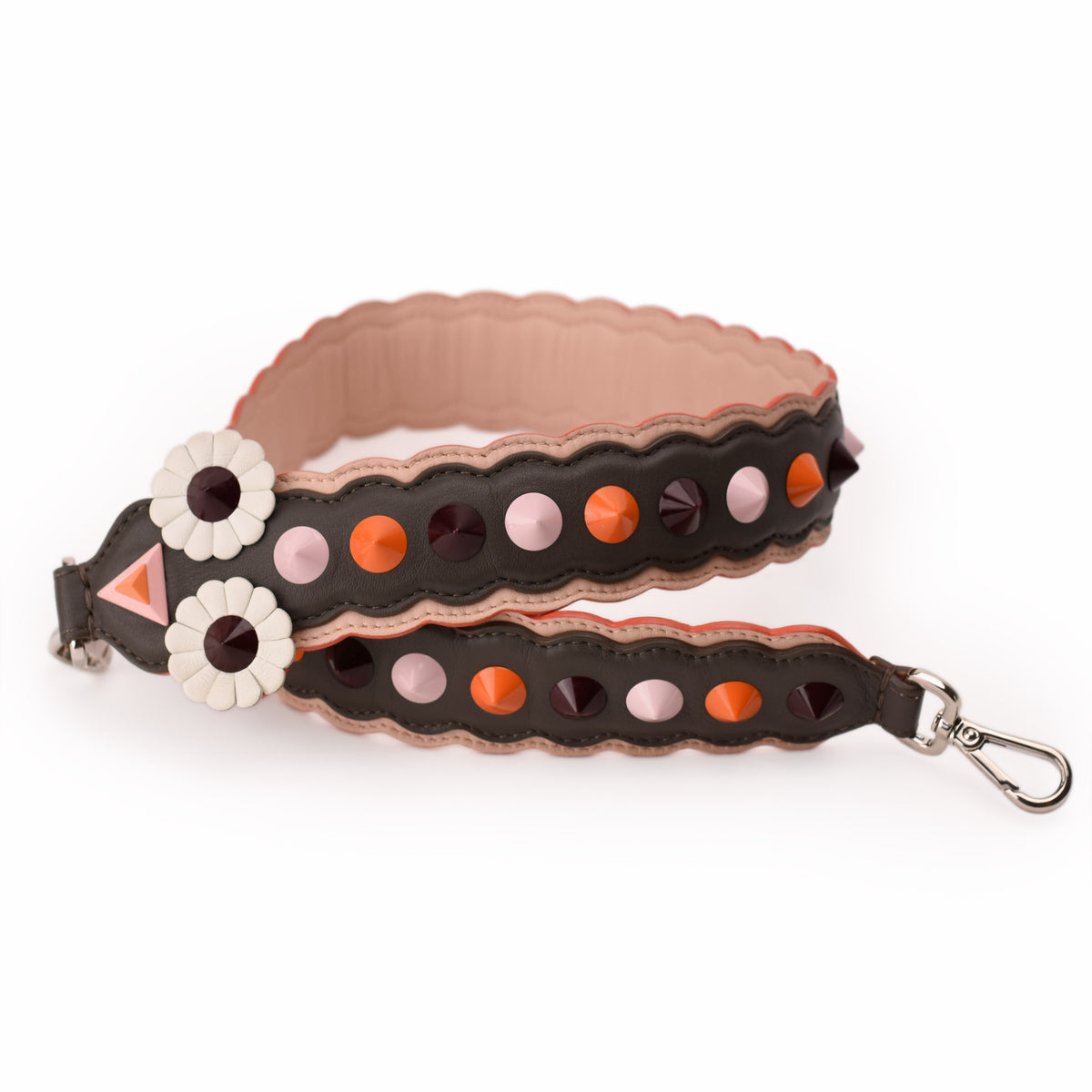 Scalloped leather handbag strap with colorful studs and flower embellishments. curated Pre-loved Luxury by Myluxe in Helsinki.