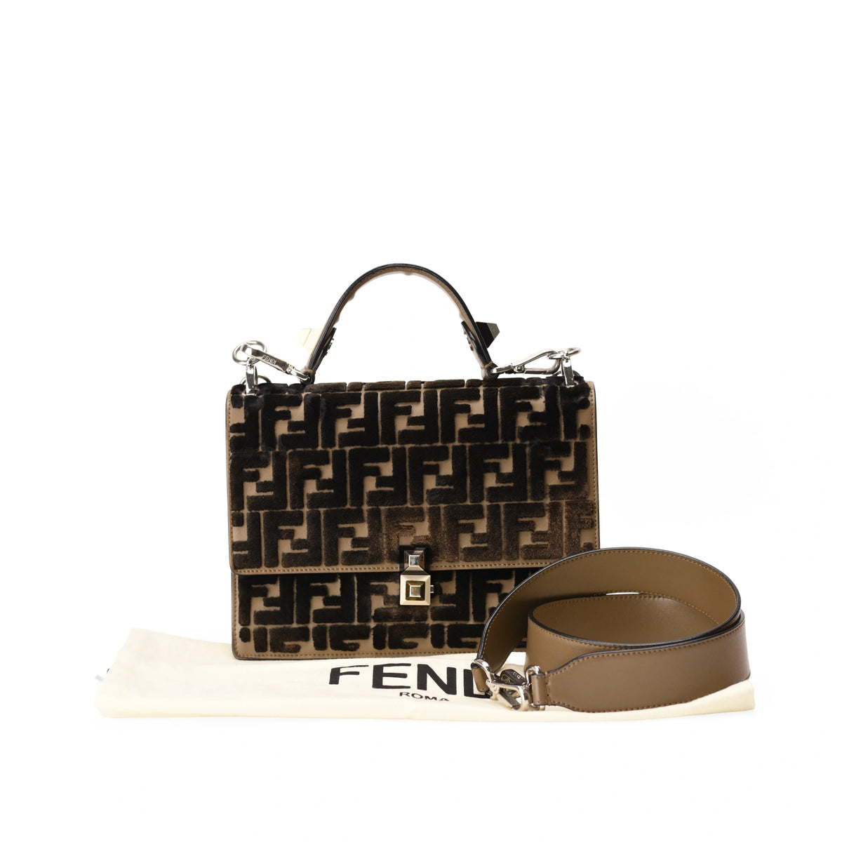 Fendi Kan I FF Zucca black and beige velvet bag. curated Pre-loved Luxury by Myluxe in Helsinki.