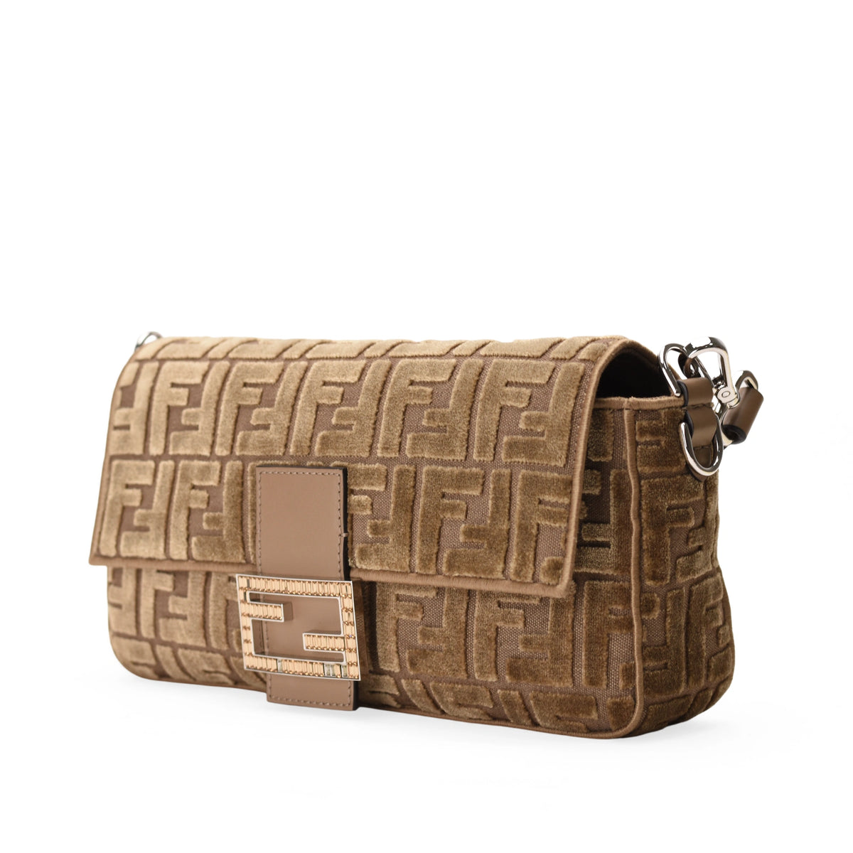 Fendi Baguette Velvet Jacquard FF Crystal Baguette Cappuccino Bag