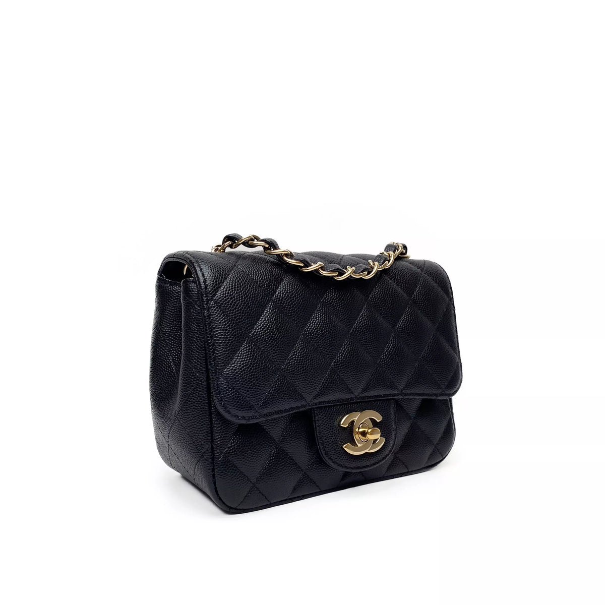 Chanel Quilted BlackCaviar Mini Square Single Flap Champagne Hardware 2