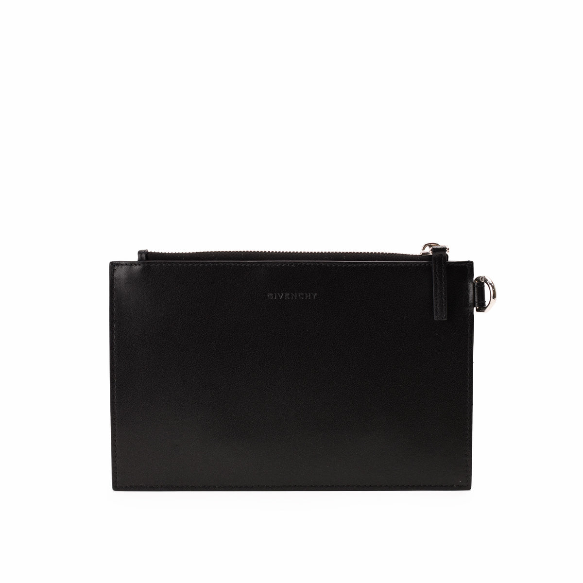 Black leather Givenchy zip pouch with silver hardware, curated Pre-loved Luxury by Myluxe in Helsinki.