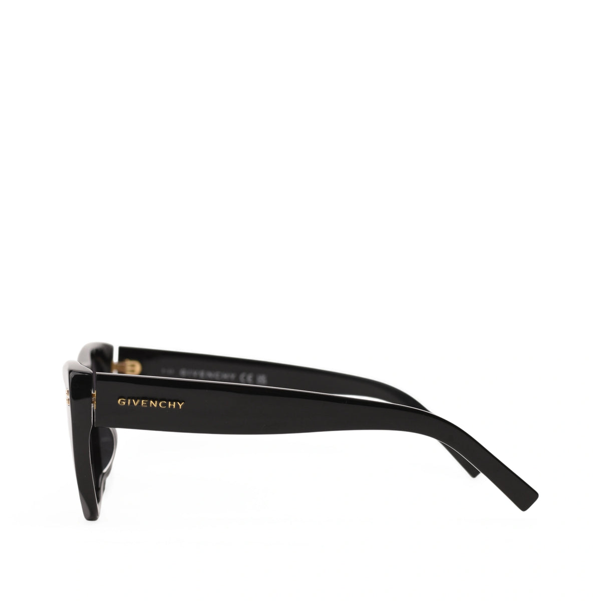 Side view of Givenchy GV Day black sunglasses with gold brand lettering. curated Pre-loved Luxury by Myluxe in Helsinki.