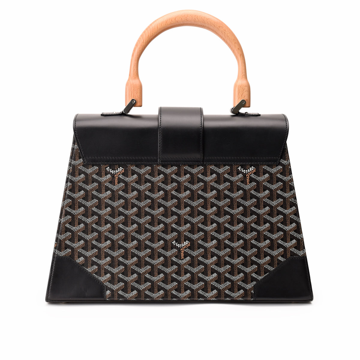 Black Goyard monogram canvas handbag with a light wood top handle, curated Pre-loved Luxury by Myluxe in Helsinki.