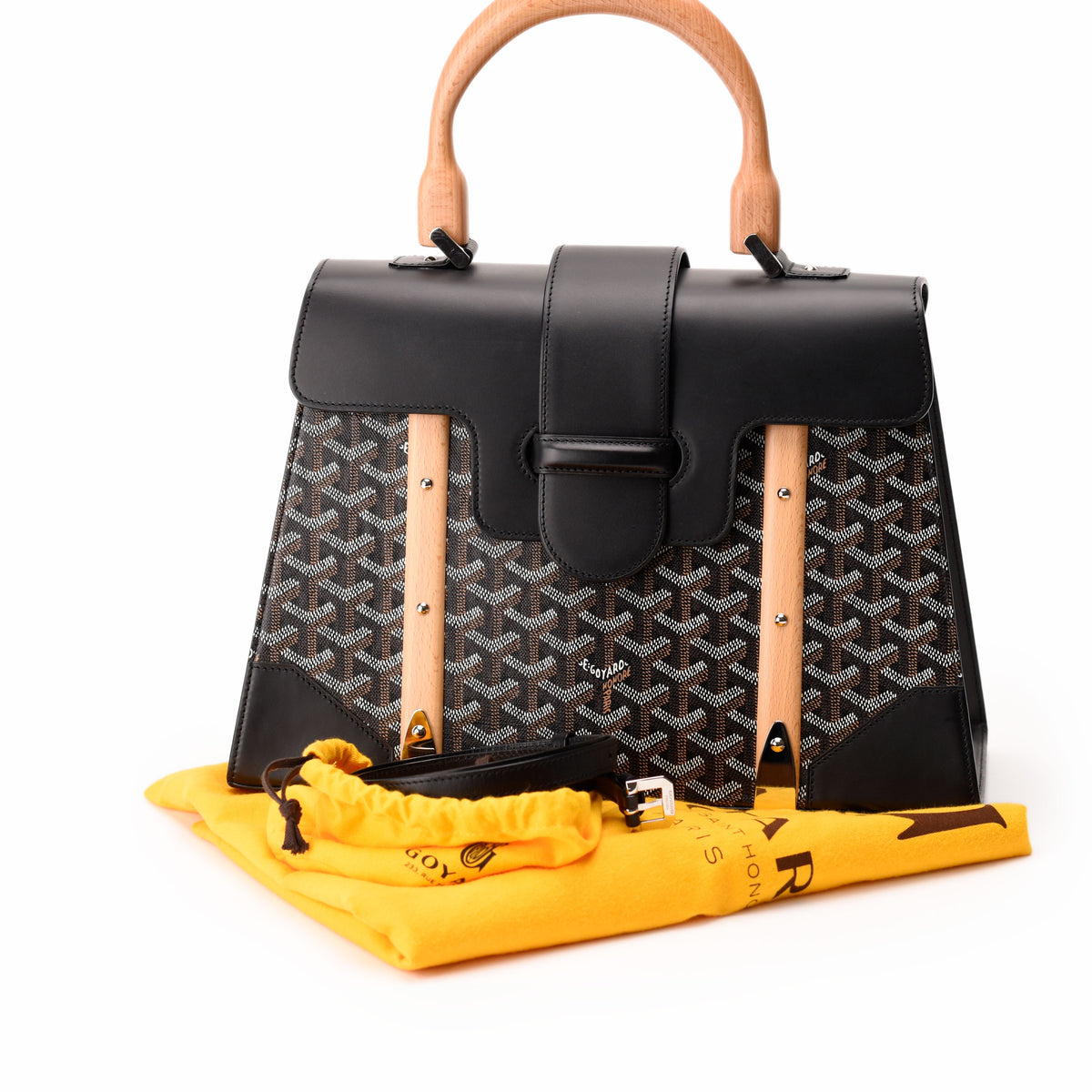 Goyard black leather and monogram canvas handbag with wooden handles, curated Pre-loved Luxury by Myluxe in Helsinki.