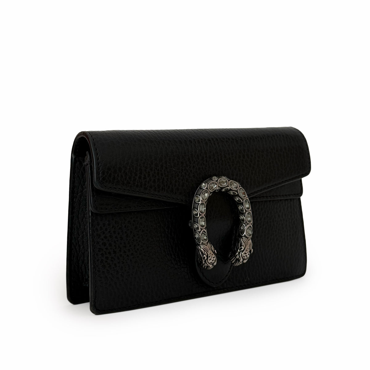 Black grained leather handbag with an ornate silver snake buckle, curated Pre-loved Luxury by Myluxe in Helsinki.