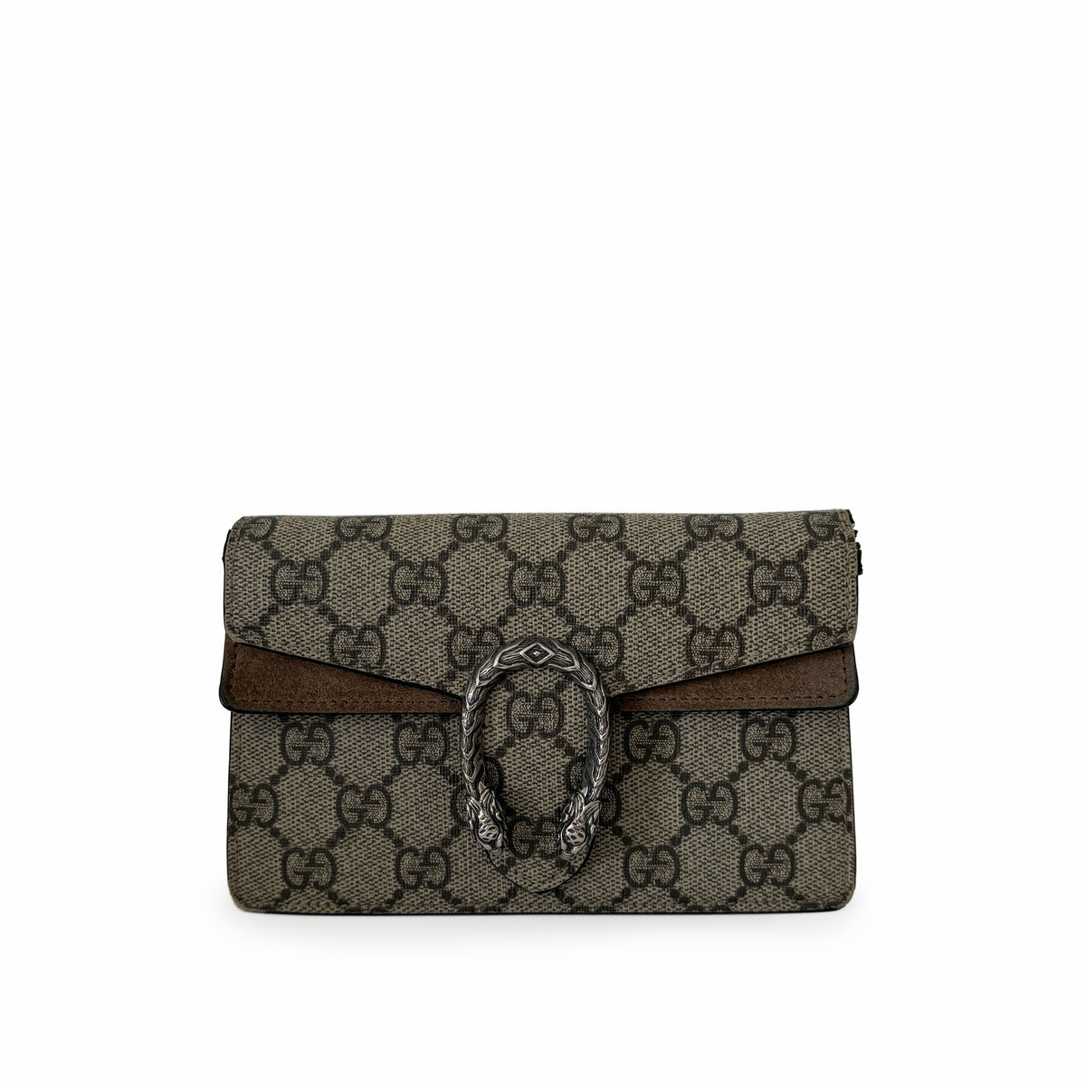 Gucci GG monogram canvas flap wallet in brown suede with silver hardware, curated Pre-loved Luxury by Myluxe in Helsinki.