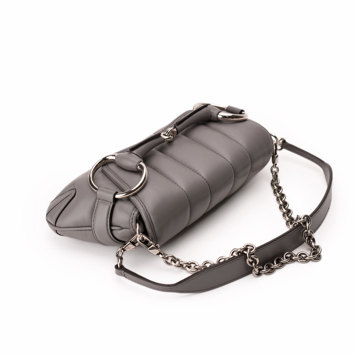 Grey quilted leather shoulder bag with silver chain strap, curated Pre-loved Luxury by Myluxe in Helsinki.