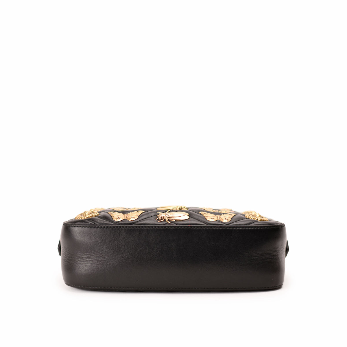 Black leather handbag with gold butterfly embroidery. curated Pre-loved Luxury by Myluxe in Helsinki.