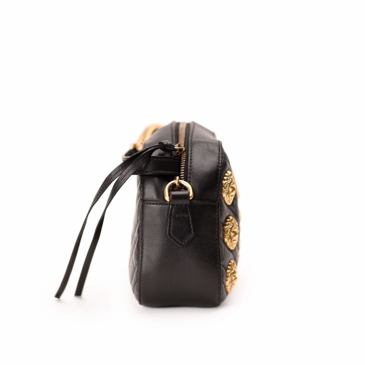 Black leather Versace crossbody bag with gold Medusa hardware. curated Pre-loved Luxury by Myluxe in Helsinki.
