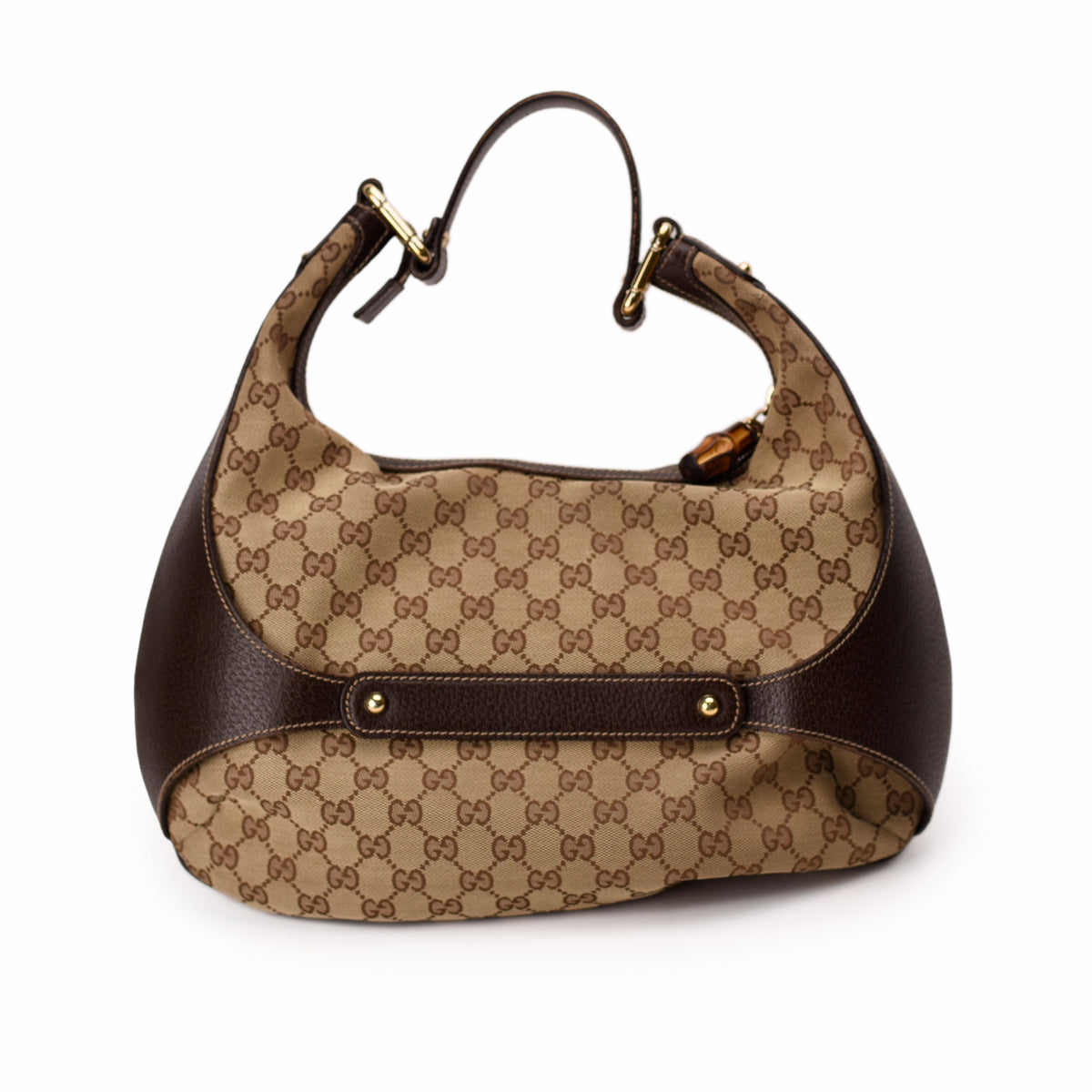 Gucci monogram canvas hobo bag with brown leather trim. Curated Pre-loved Luxury by Myluxe in Helsinki.