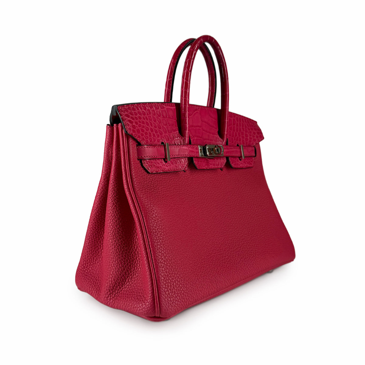 Hermès Birkin 25 handbag in Framboise Touch leather with PHW hardware, showcasing its elegant design and rich color.