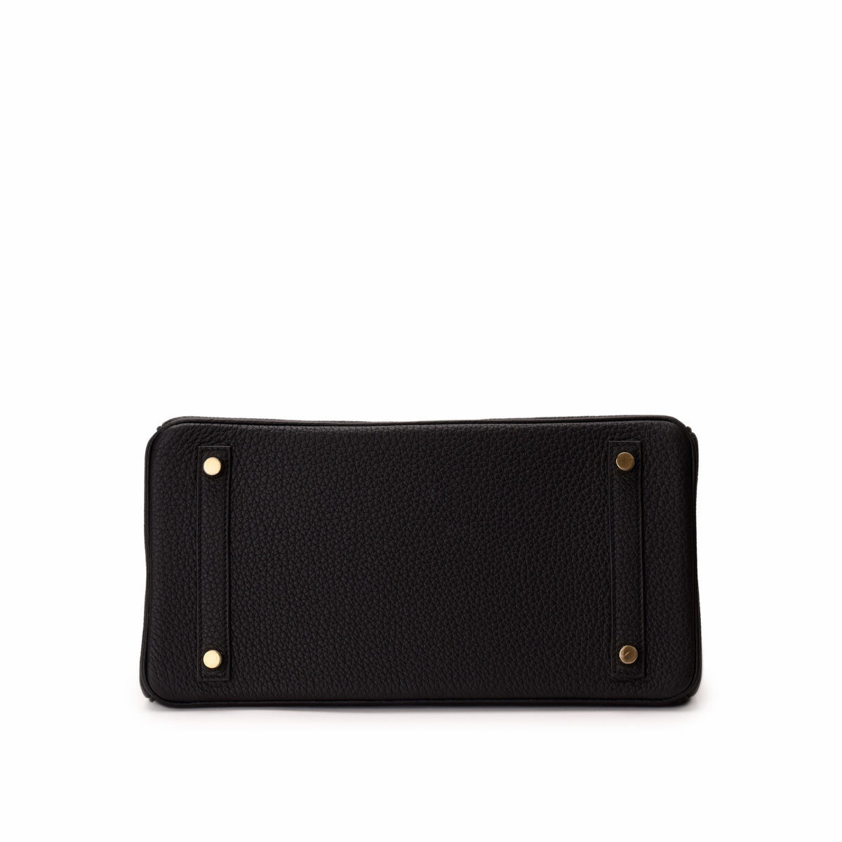Bottom view of a black grained leather luxury handbag with gold-tone studs, curated Pre-loved Luxury by Myluxe in Helsinki.