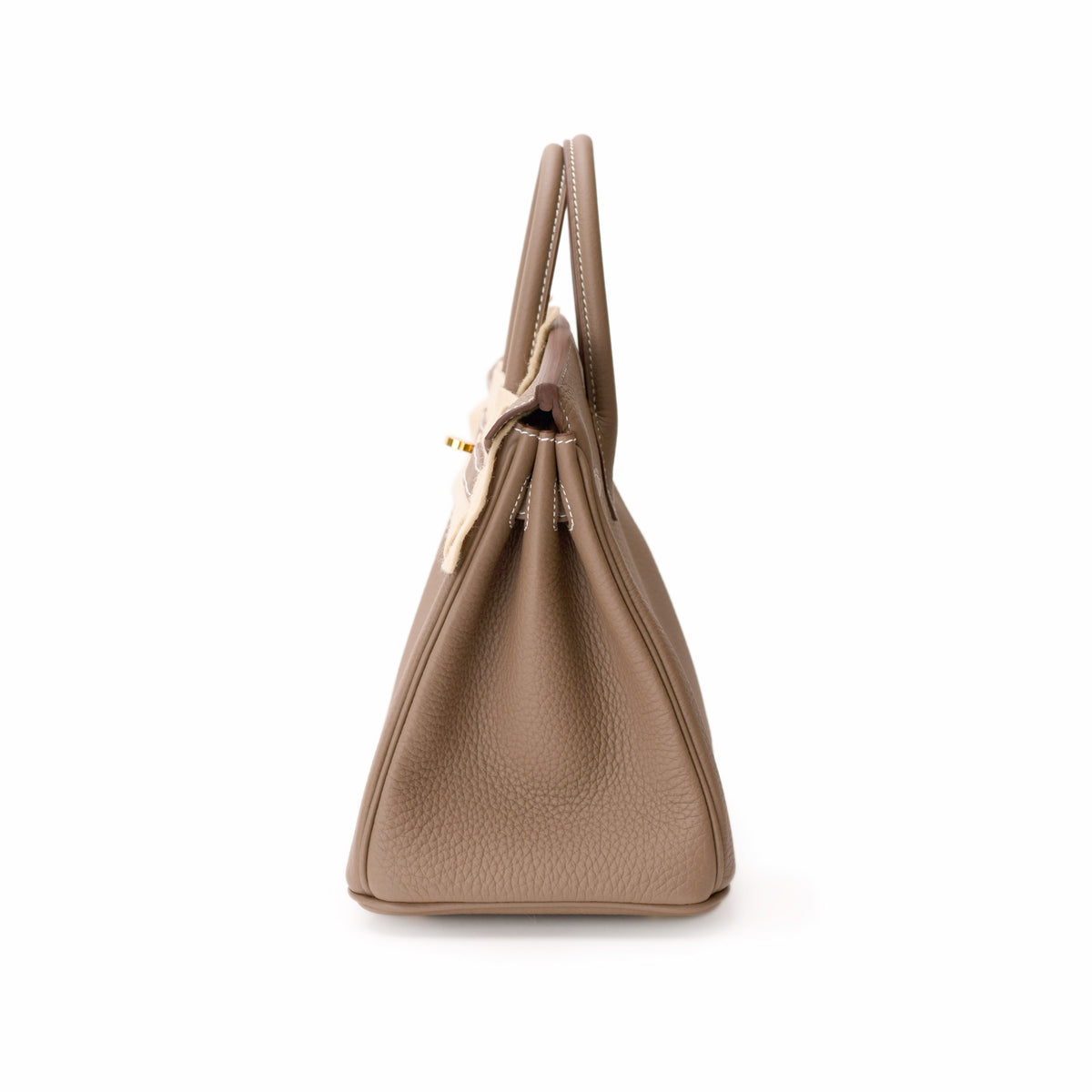 Taupe pebbled leather designer handbag with top handles. curated Pre-loved Luxury by Myluxe in Helsinki.