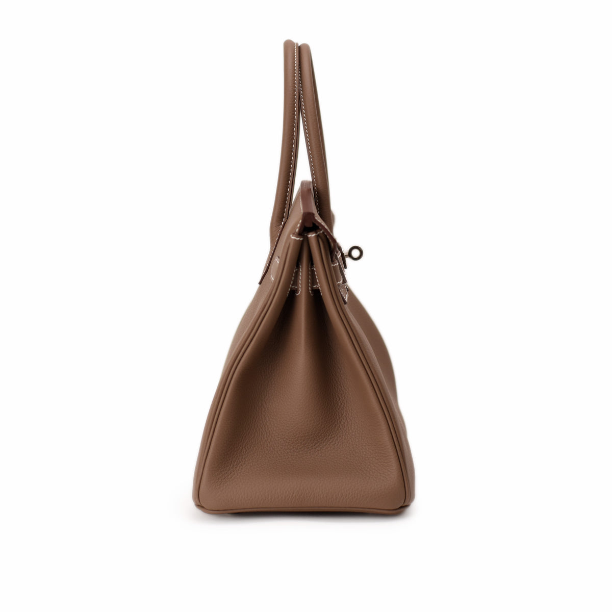 Hermès Birkin 30 bag in Etoupe Togo leather with polished palladium hardware, displaying its elegant shape and fine craftsmanship.