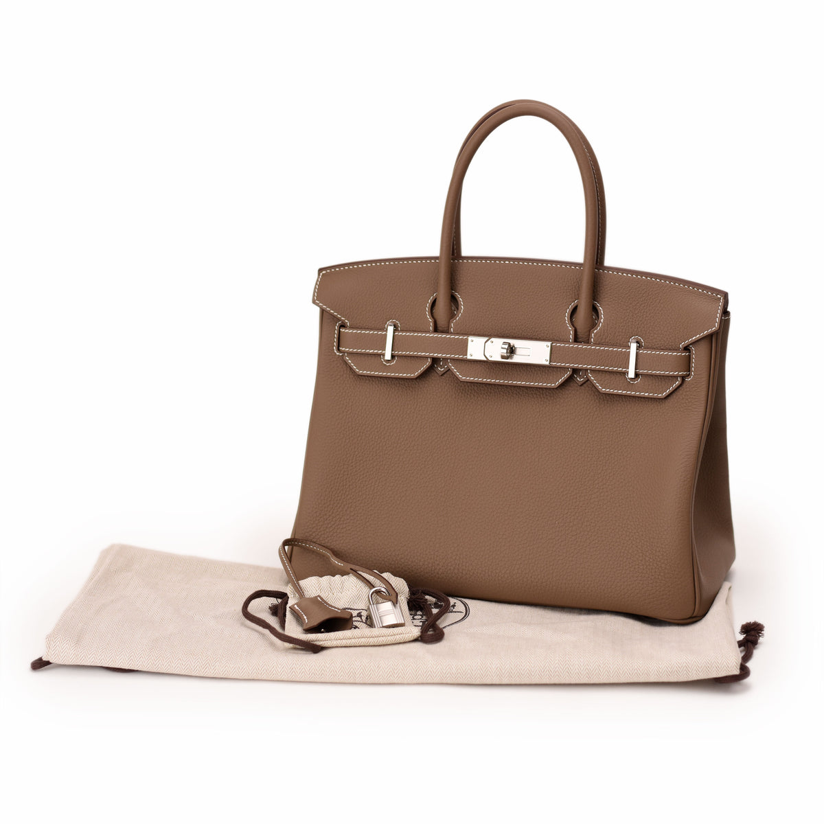 Hermès Birkin 30 bag in Etoupe Togo leather with palladium hardware, featuring a classic structured design and textured surface.