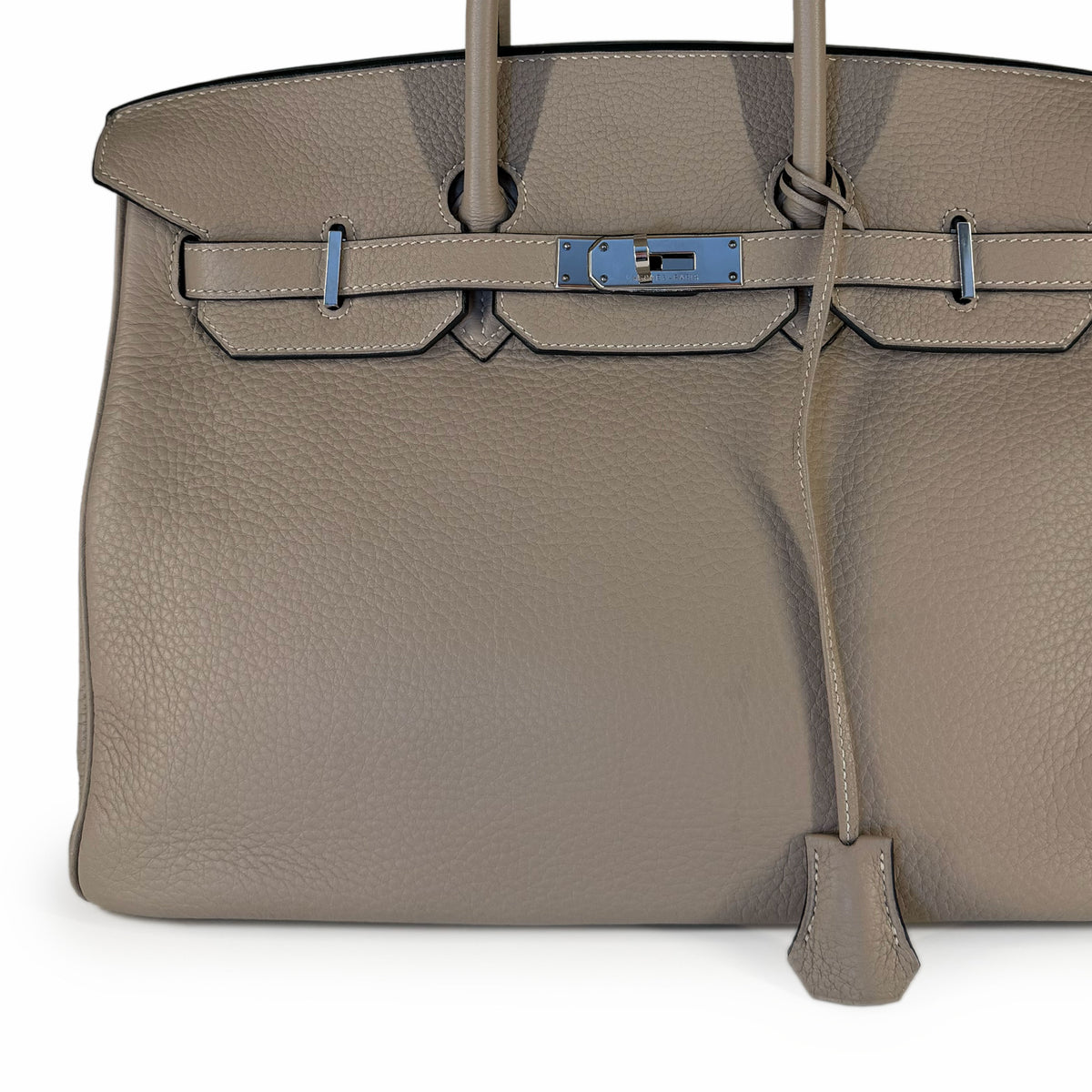 Taupe grained leather designer handbag with silver hardware, curated Pre-loved Luxury by Myluxe in Helsinki.