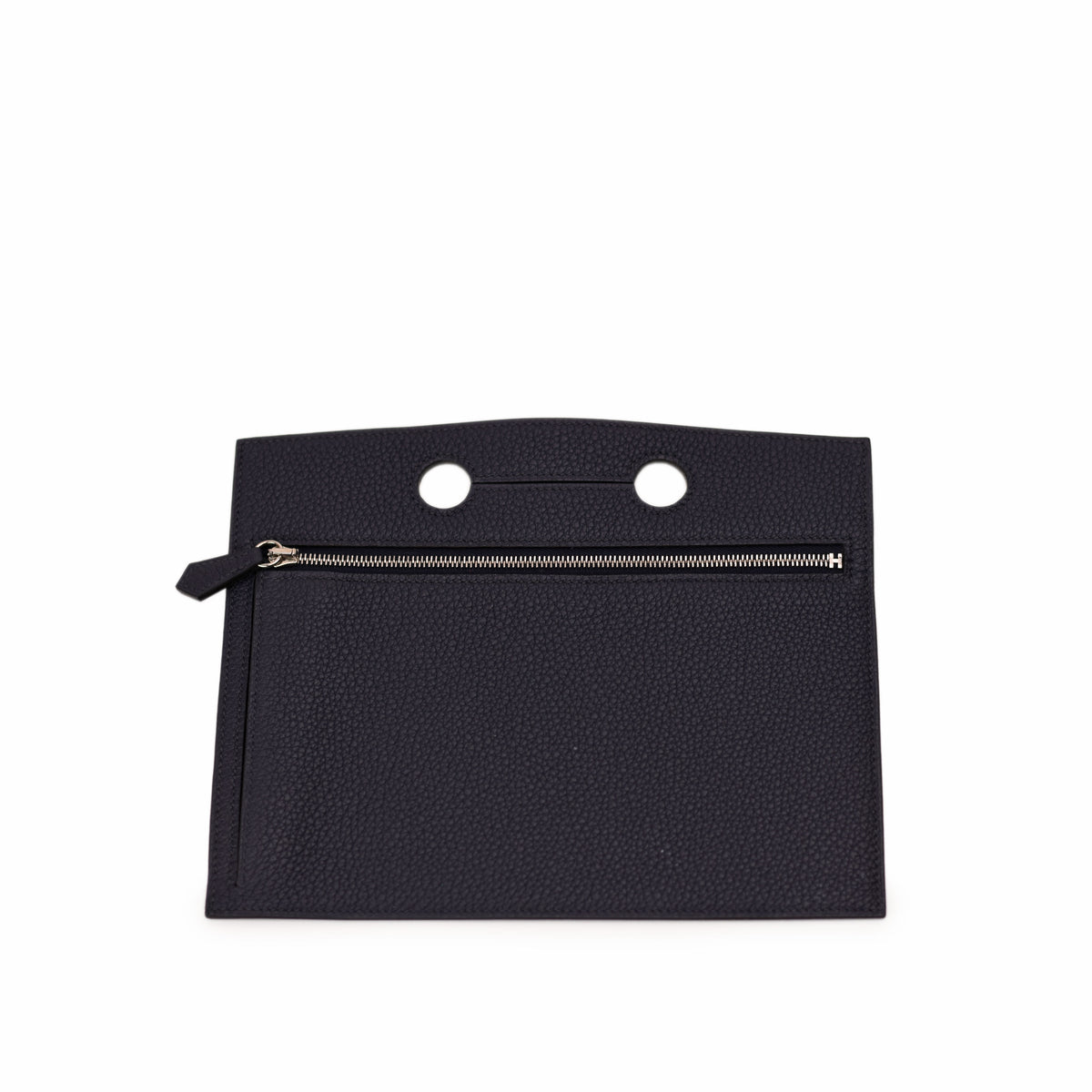 Navy blue grained leather clutch with gold zipper and handle cut-outs, curated Pre-loved Luxury by Myluxe in Helsinki.
