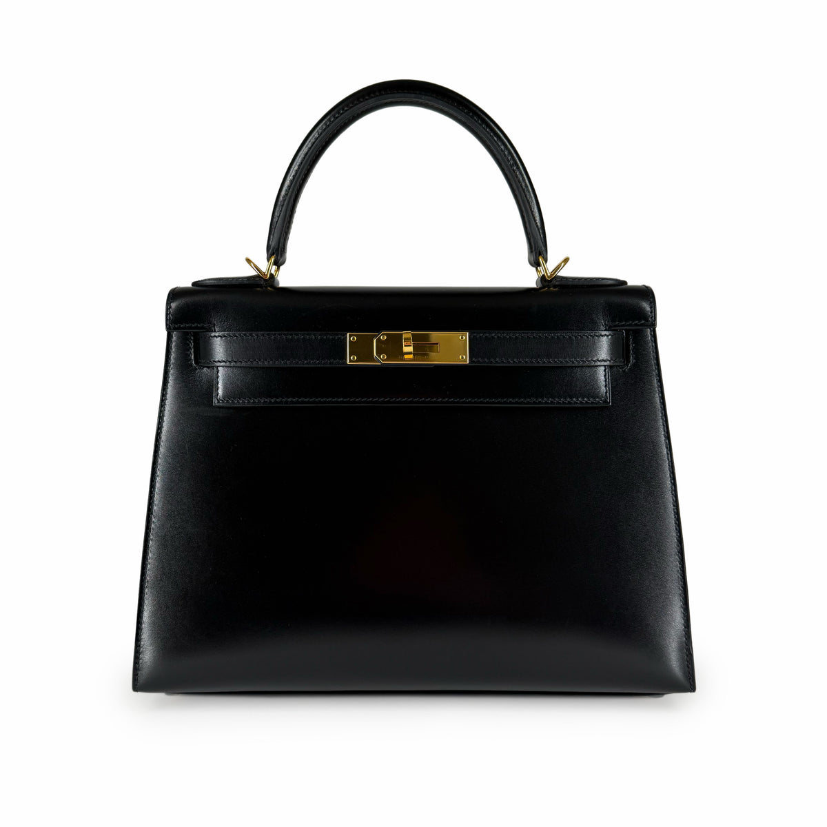 Black smooth leather top handle handbag with gold-tone hardware, curated Pre-loved Luxury by Myluxe in Helsinki.